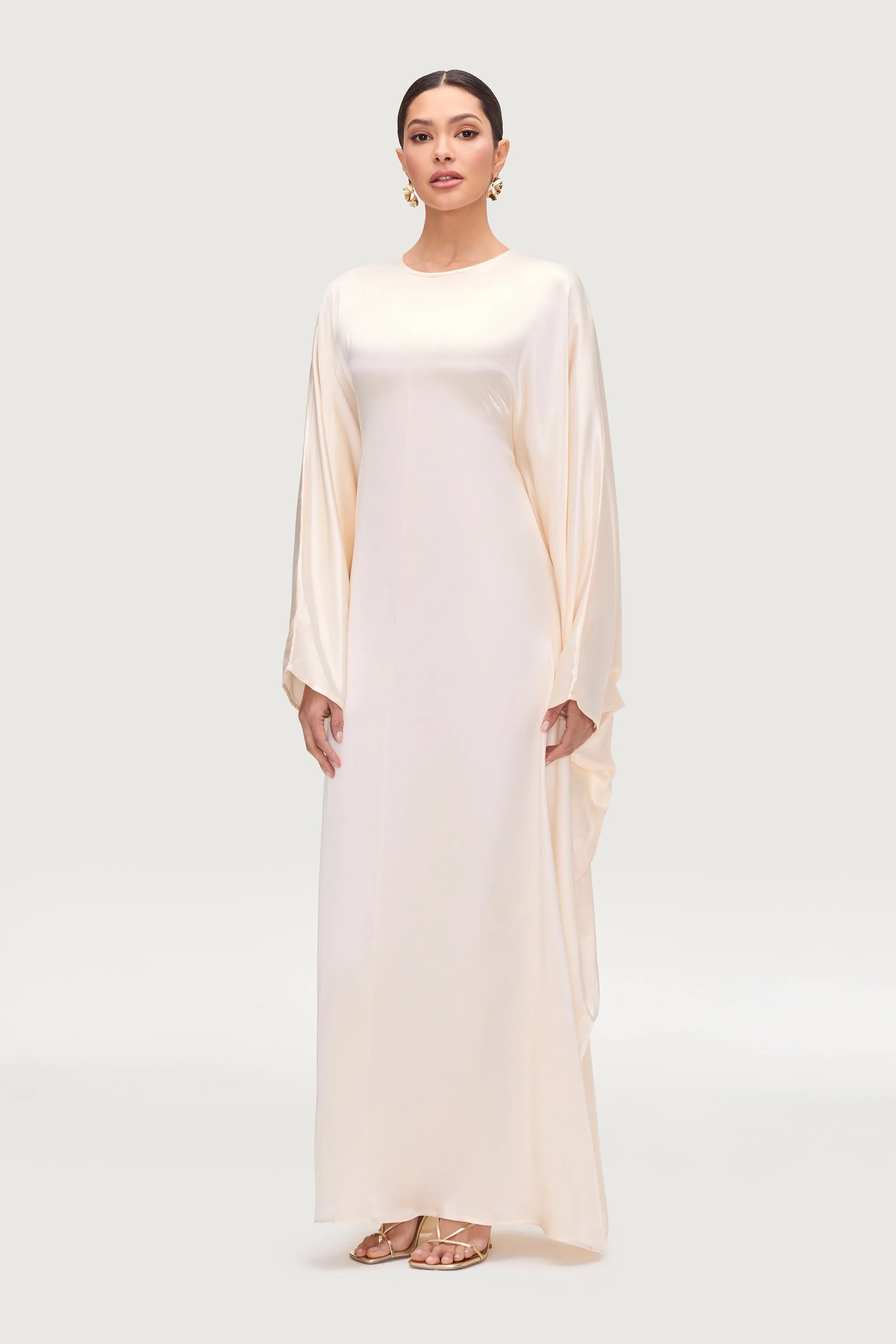 Nayla Silk Butterfly Inner Tie Abaya Dress - Pearl