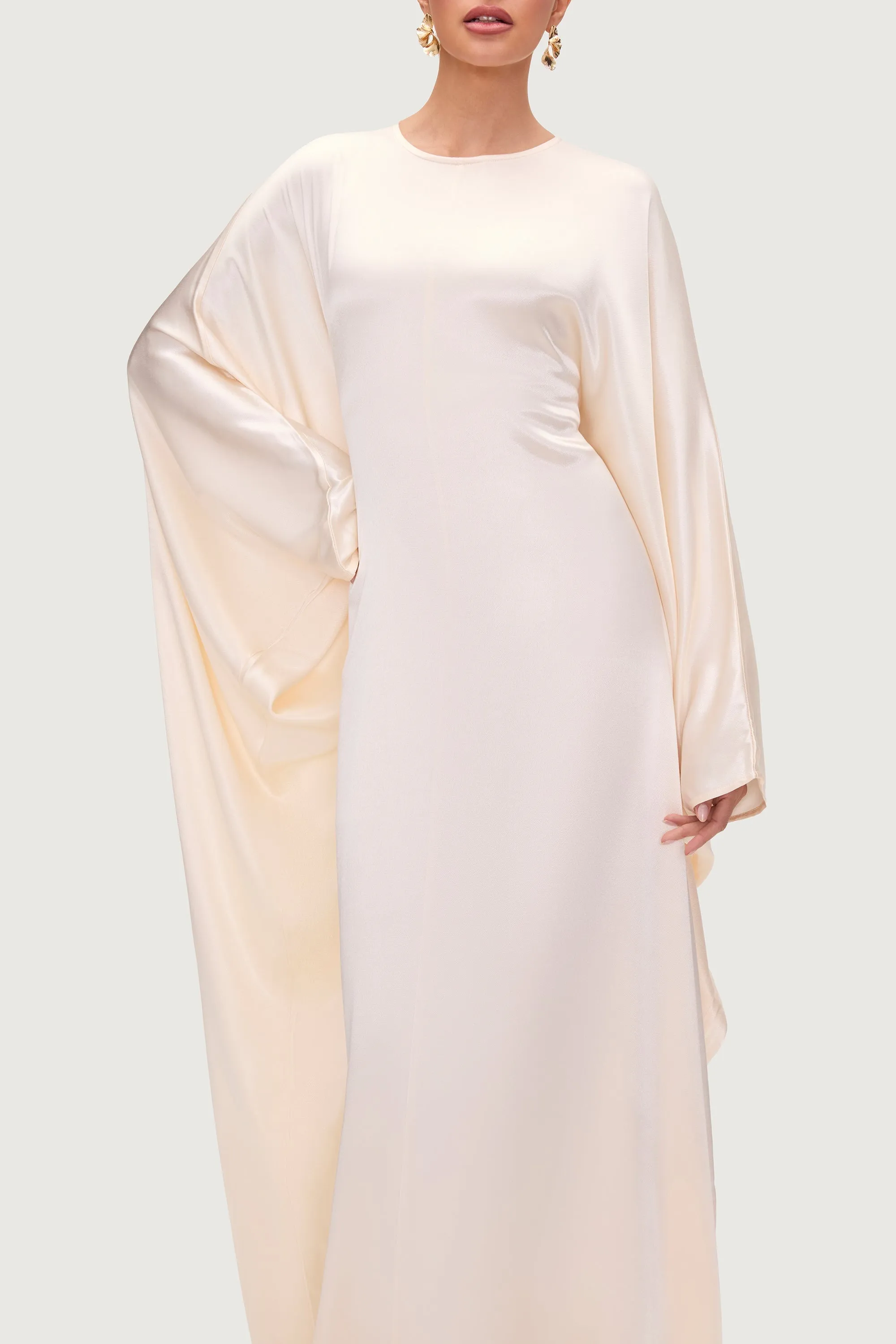 Nayla Silk Butterfly Inner Tie Abaya Dress - Pearl
