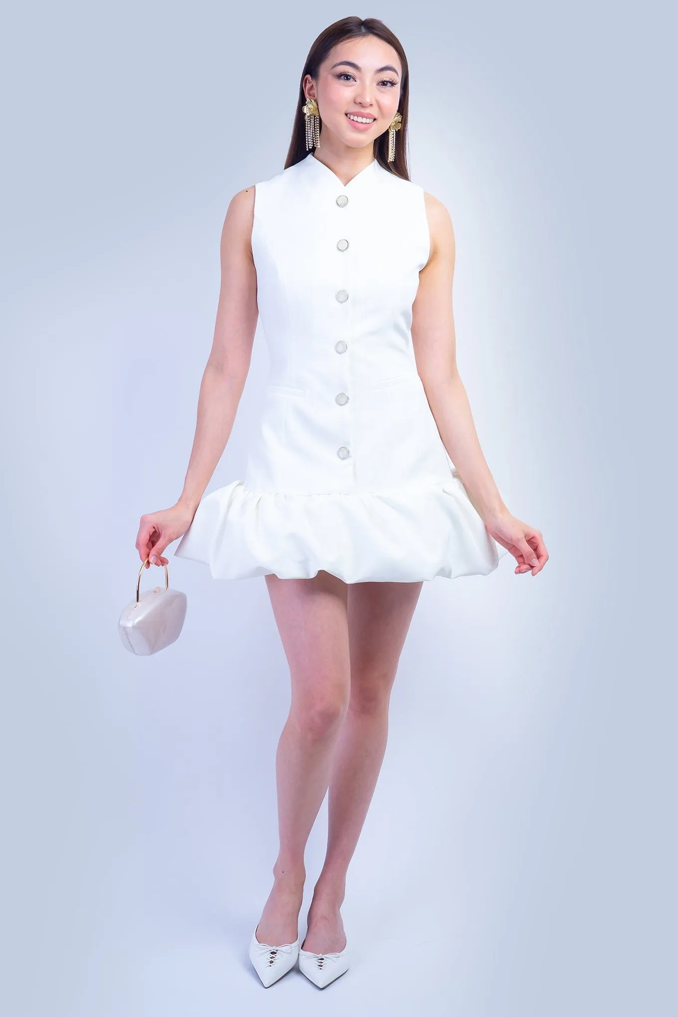 Off White Fitted Drop Waist Bubble Dress
