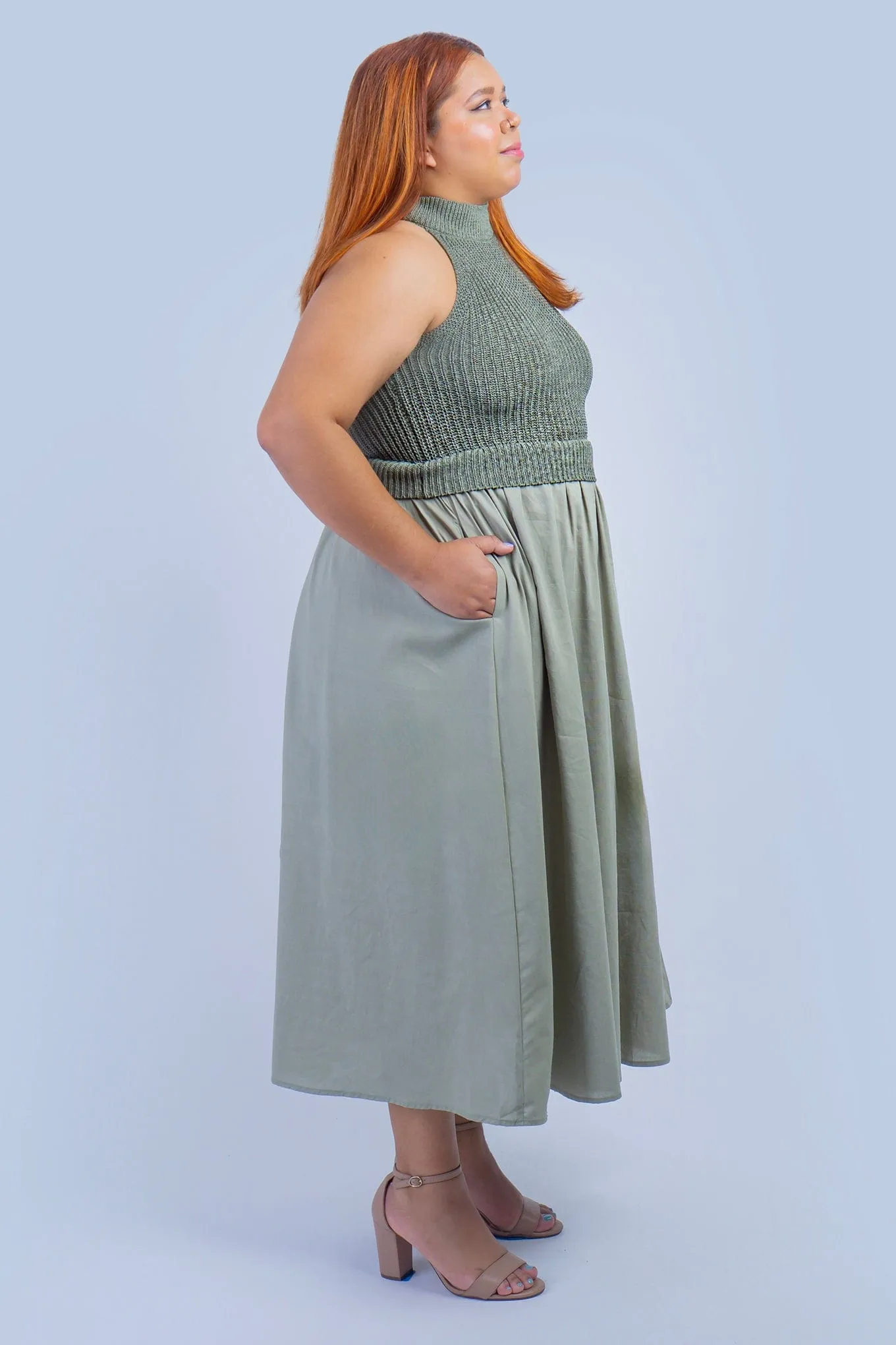 Olive Knit and Linen Skirt  Midi Dress