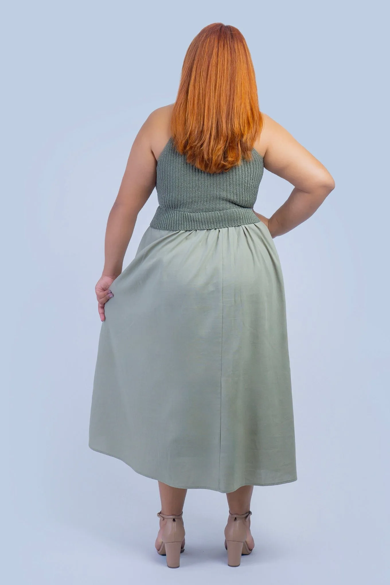 Olive Knit and Linen Skirt  Midi Dress