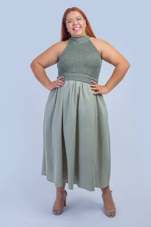 Olive Knit and Linen Skirt  Midi Dress