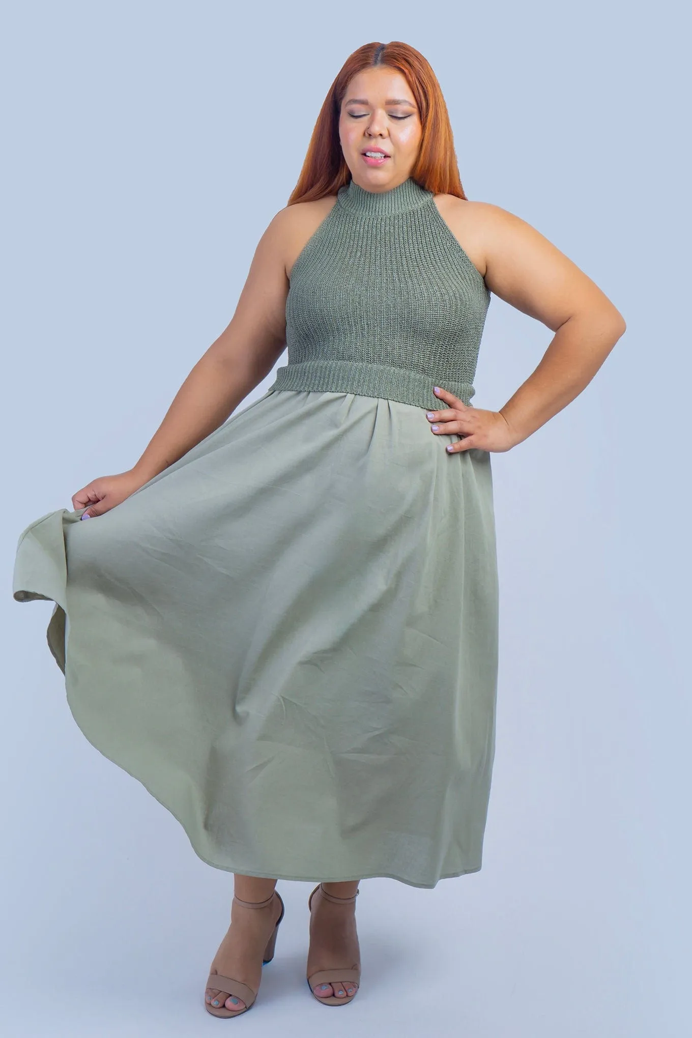 Olive Knit and Linen Skirt  Midi Dress