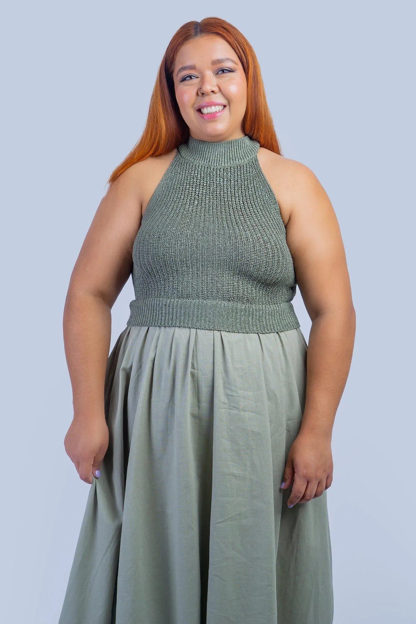 Olive Knit and Linen Skirt  Midi Dress
