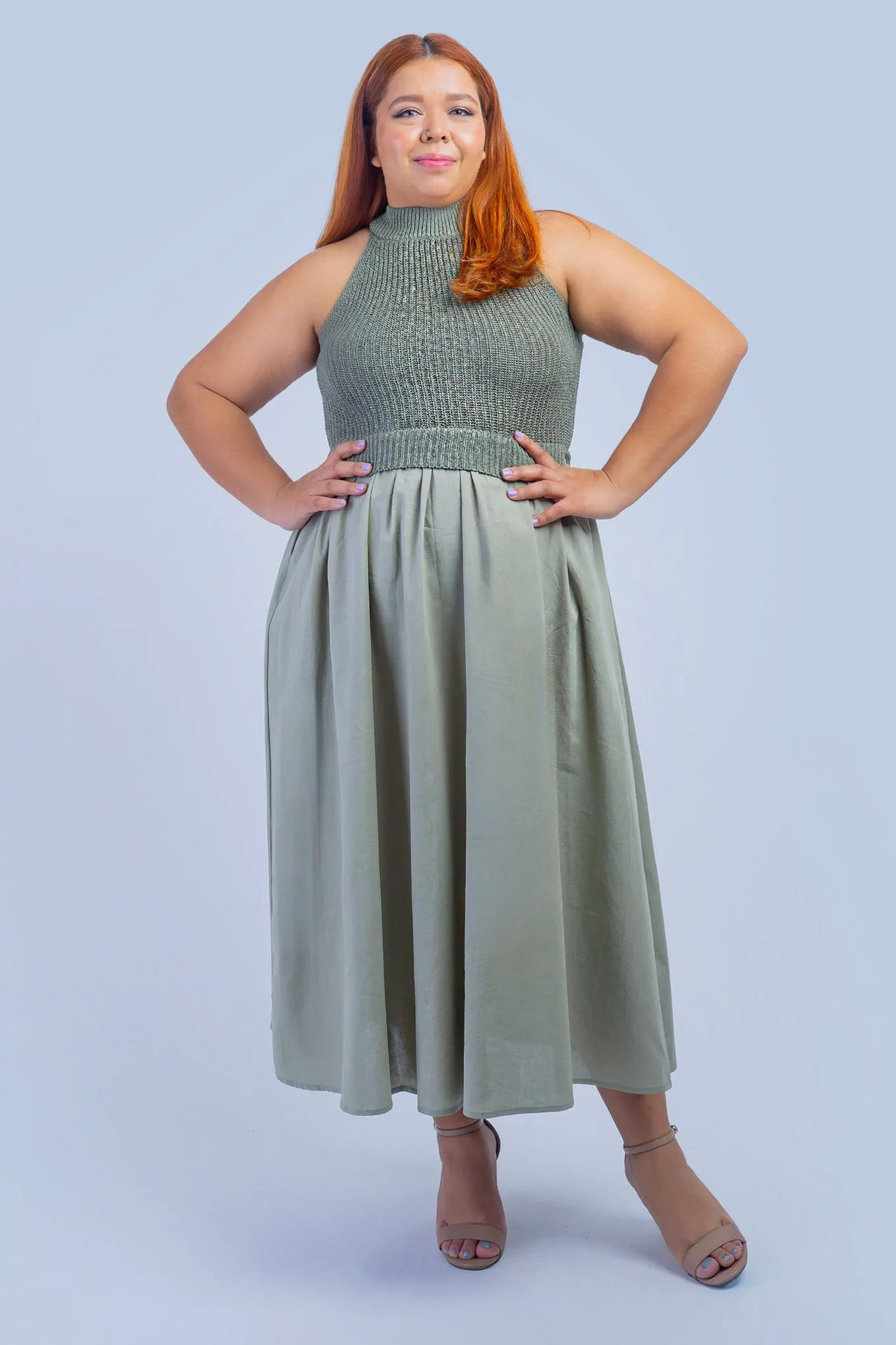 Olive Knit and Linen Skirt  Midi Dress