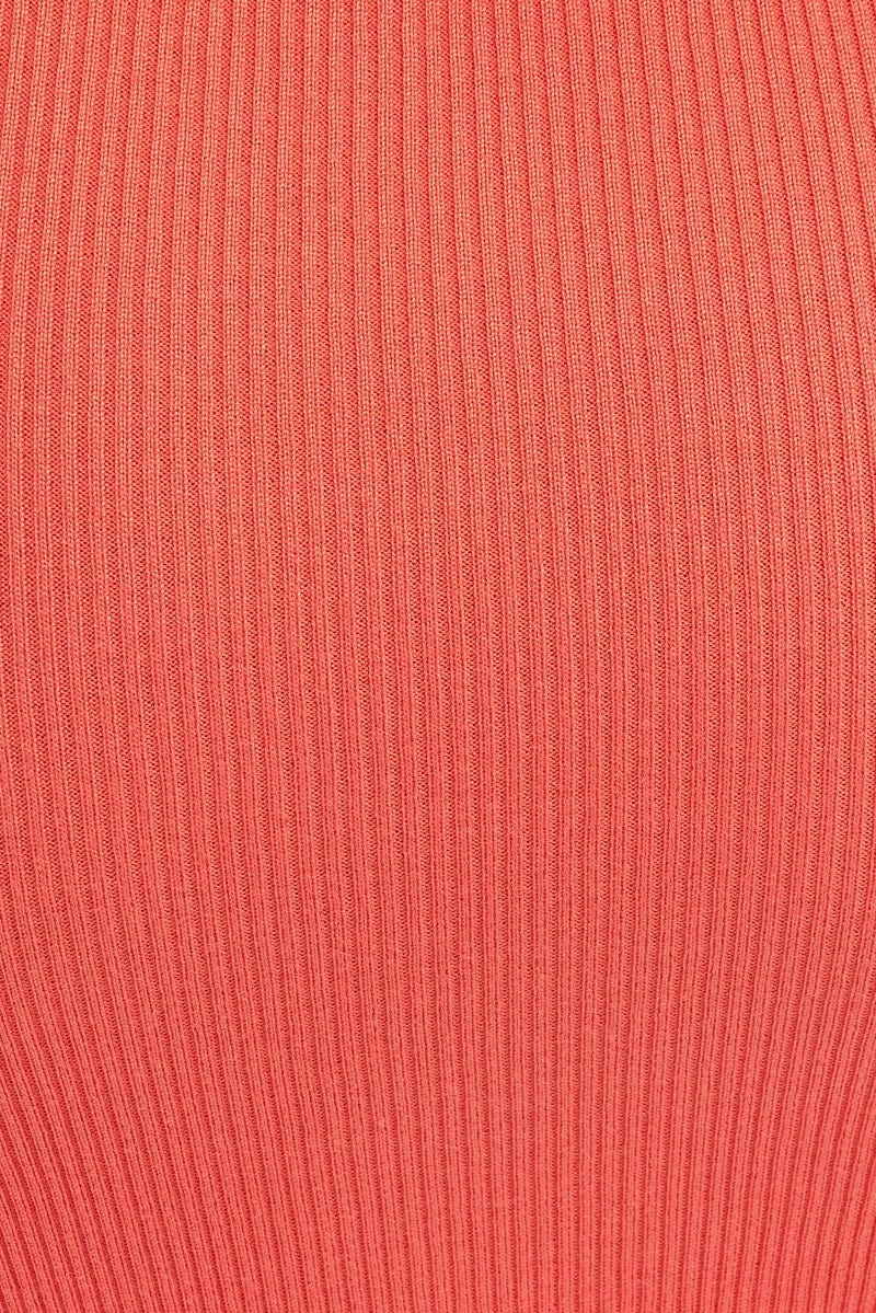 Orange Midi Dress Bodycon Round Neck Ribbed Knit