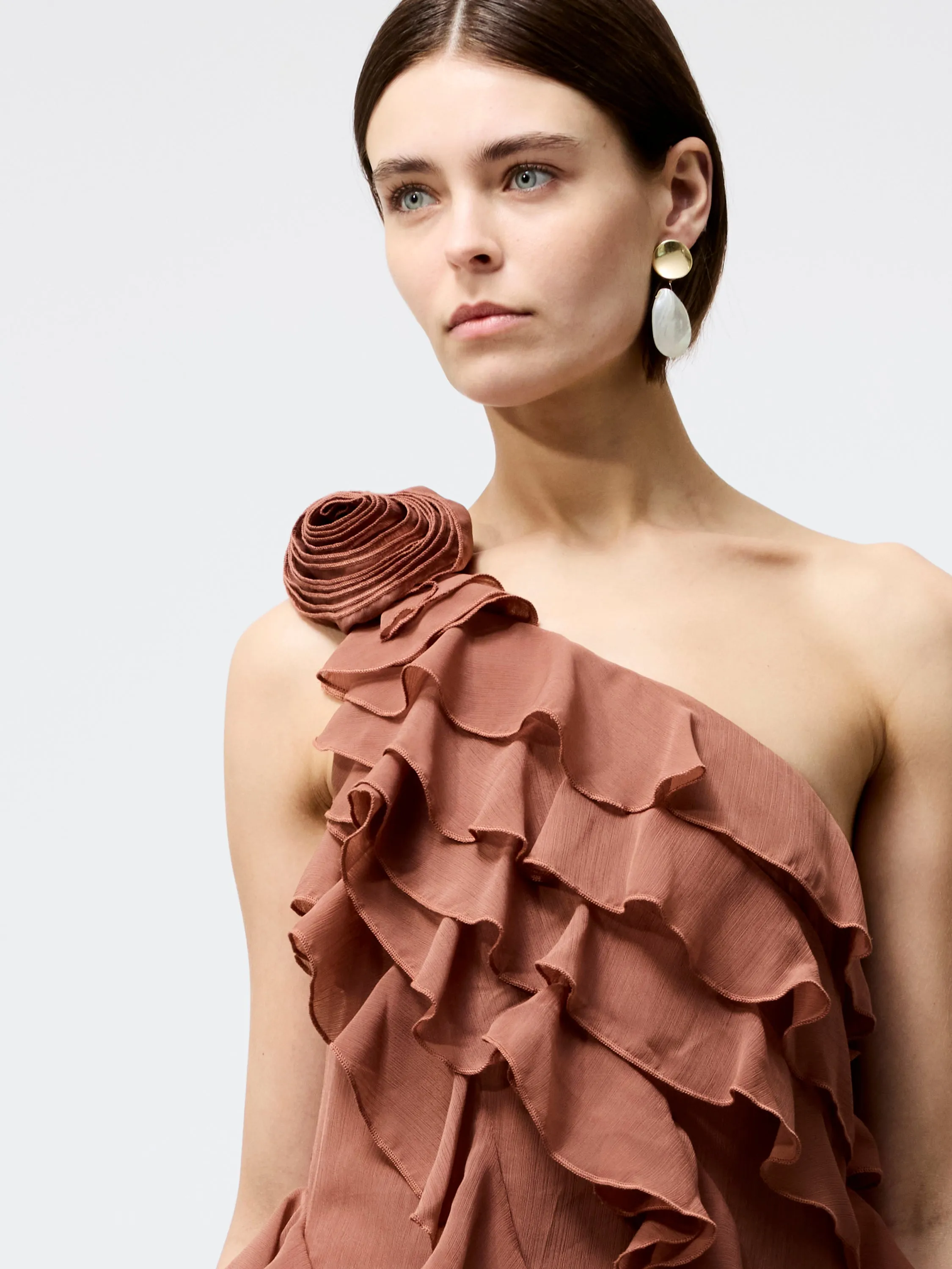 Oskar Georgette Ruffle Midi Dress