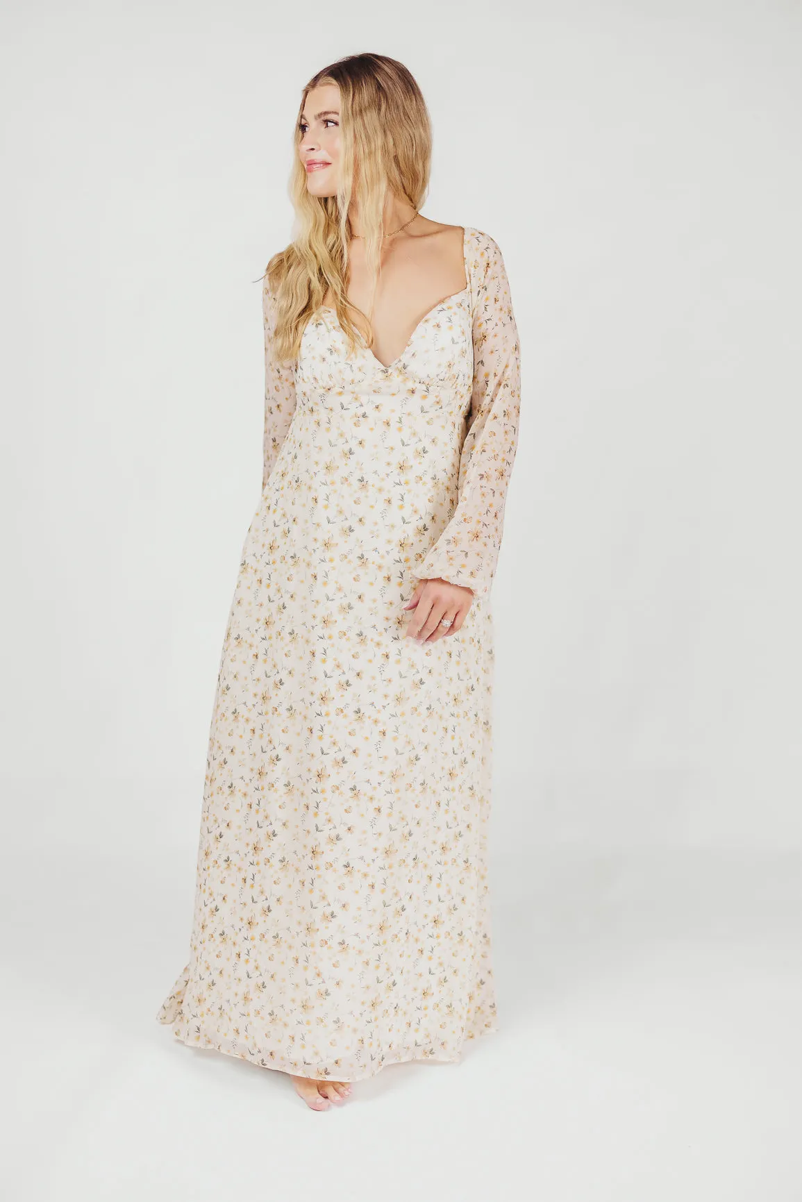 Parker Smocked Maxi Dress with Puffed Sleeves in Ivory/Yellow - Bump Friendly & Inclusive Sizing (S-3XL)
