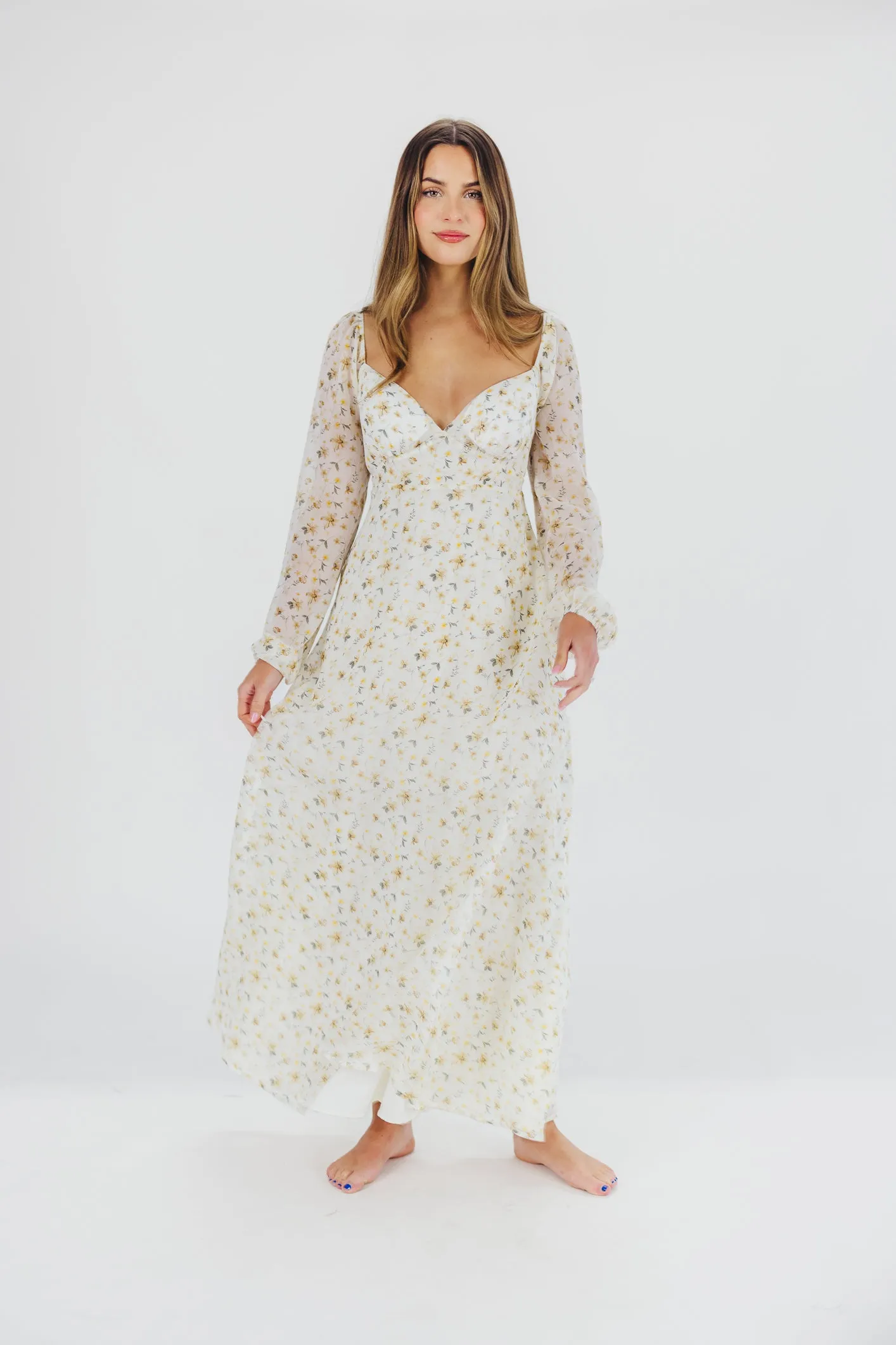 Parker Smocked Maxi Dress with Puffed Sleeves in Ivory/Yellow - Bump Friendly & Inclusive Sizing (S-3XL)