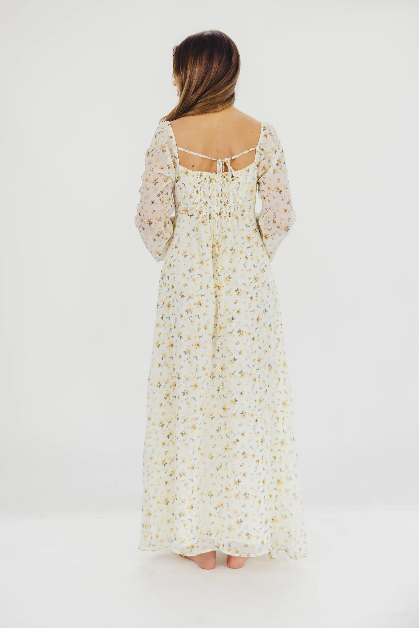 Parker Smocked Maxi Dress with Puffed Sleeves in Ivory/Yellow - Bump Friendly & Inclusive Sizing (S-3XL)