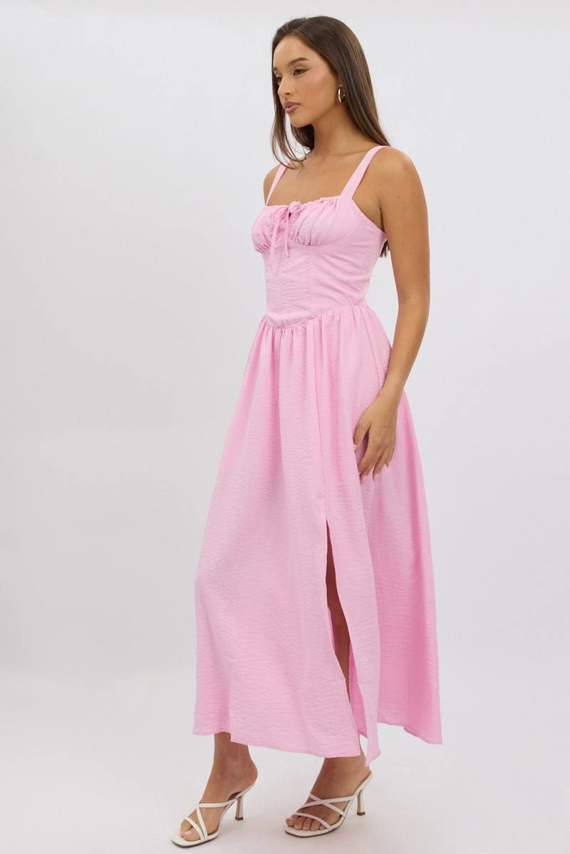 Pink Midi Dress Gathering Bust Corset Detail