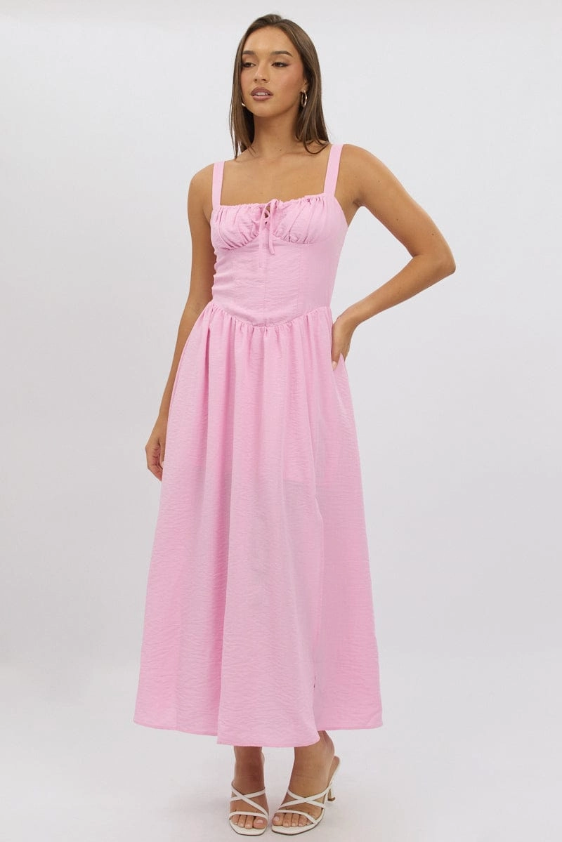 Pink Midi Dress Gathering Bust Corset Detail