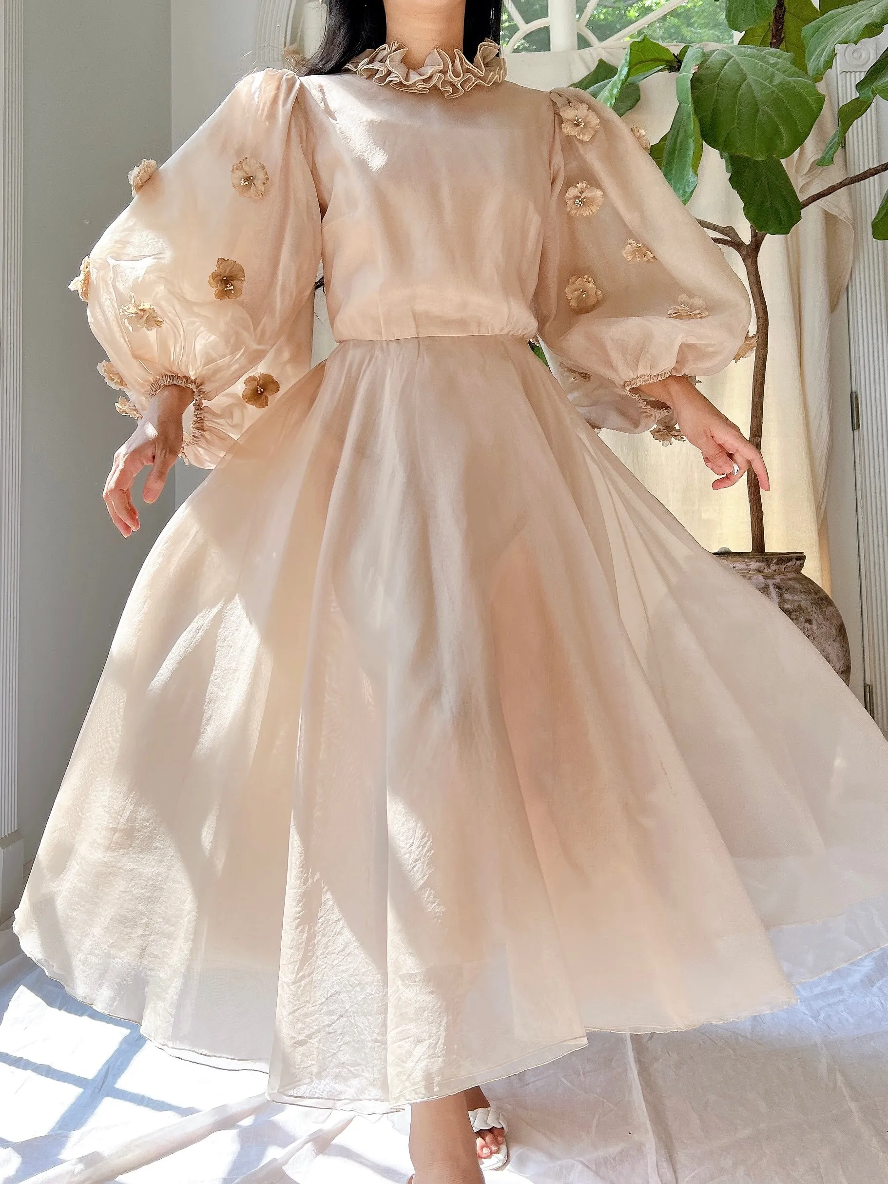 Rare 1960s Silk Organza Balloon Sleeves Dress - S/M