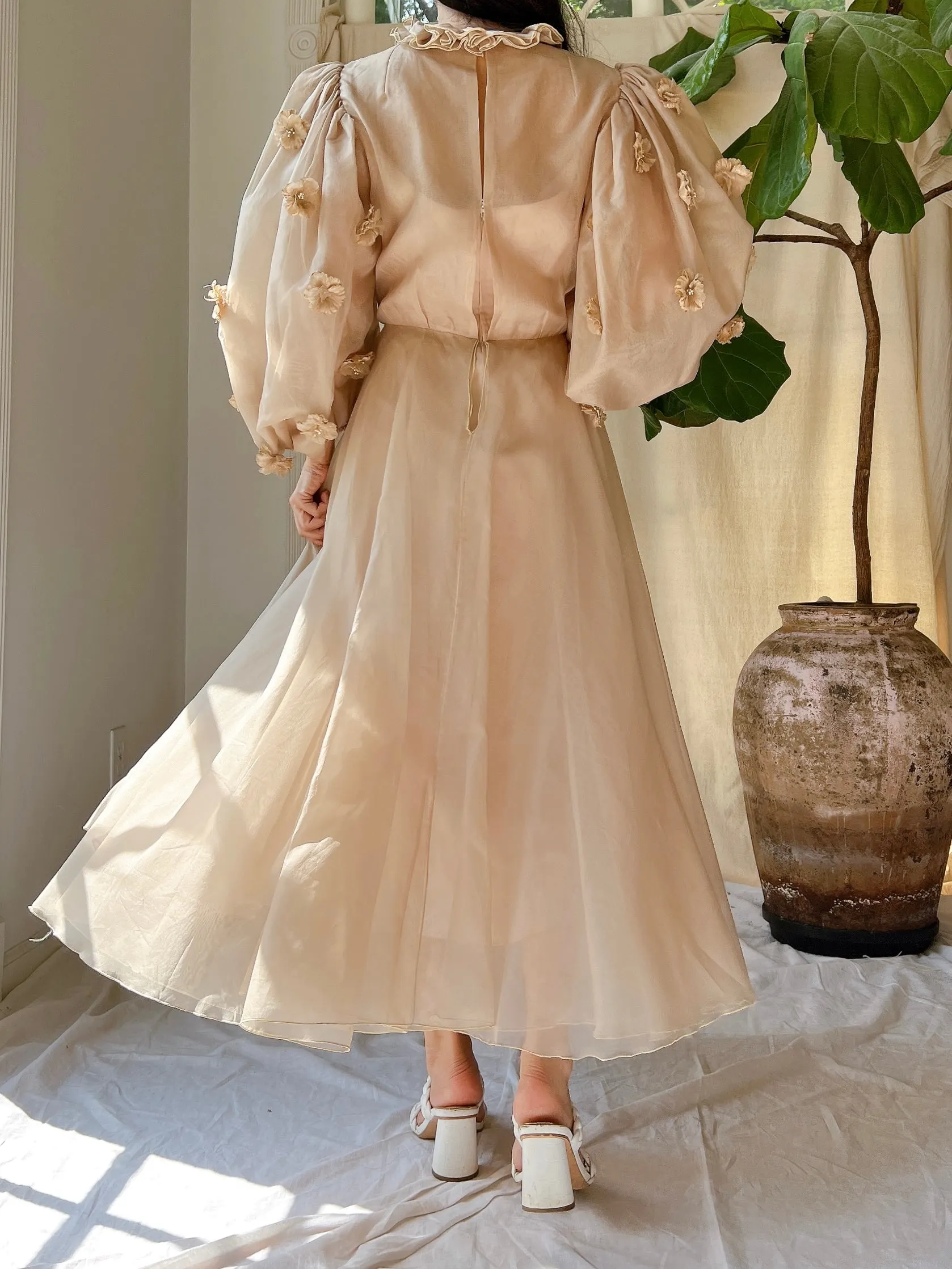 Rare 1960s Silk Organza Balloon Sleeves Dress - S/M