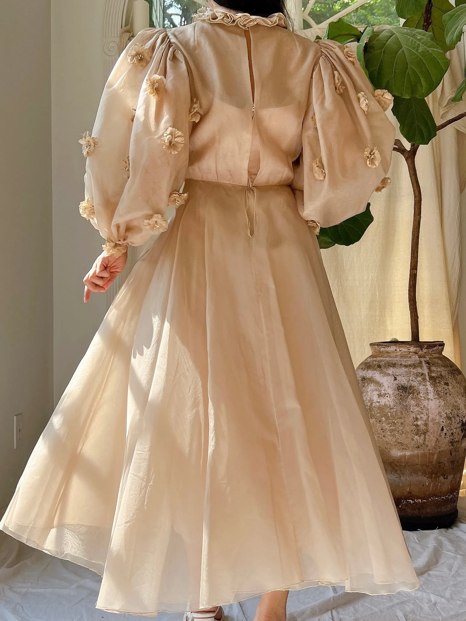 Rare 1960s Silk Organza Balloon Sleeves Dress - S/M