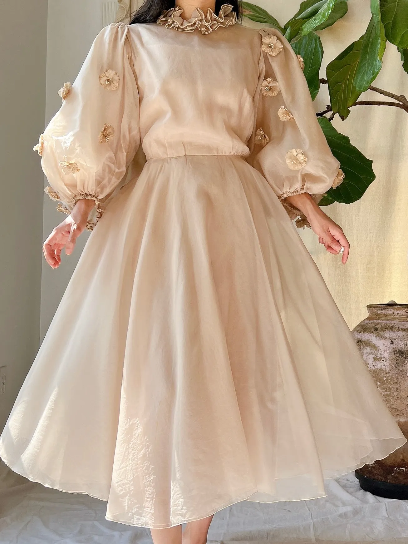 Rare 1960s Silk Organza Balloon Sleeves Dress - S/M