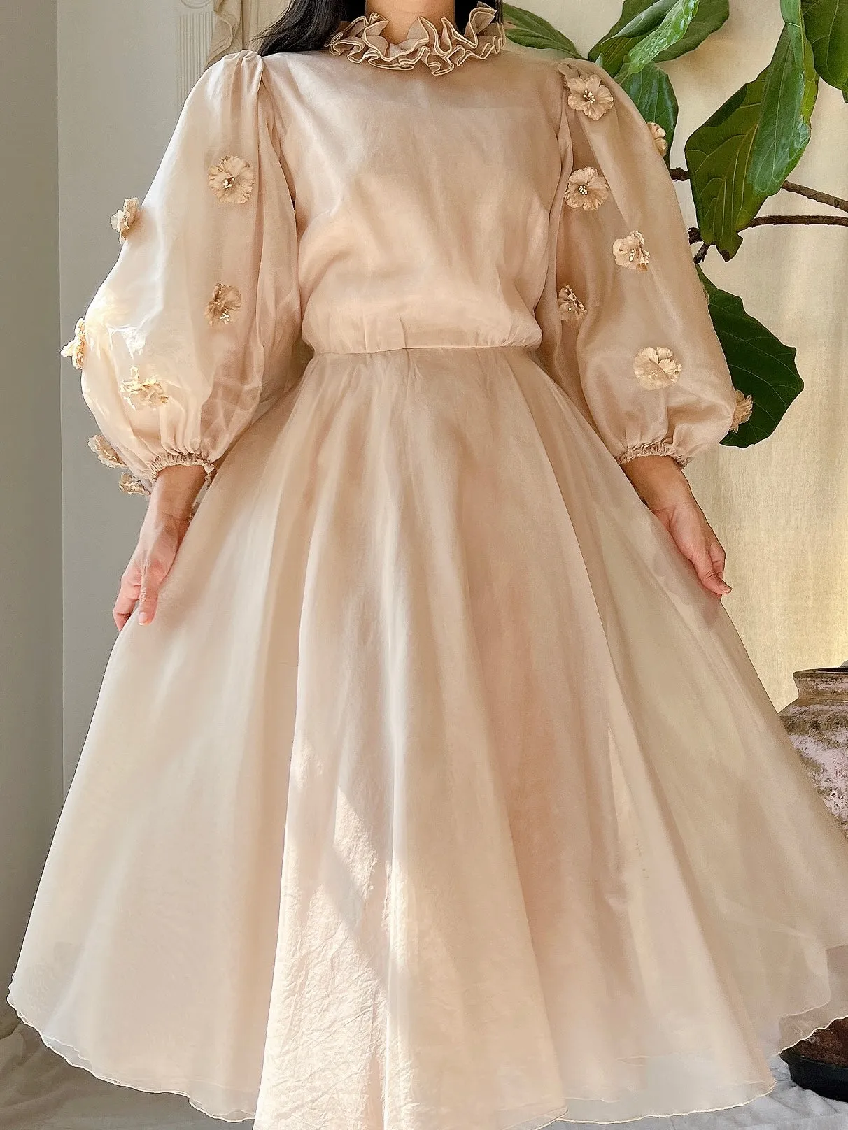 Rare 1960s Silk Organza Balloon Sleeves Dress - S/M