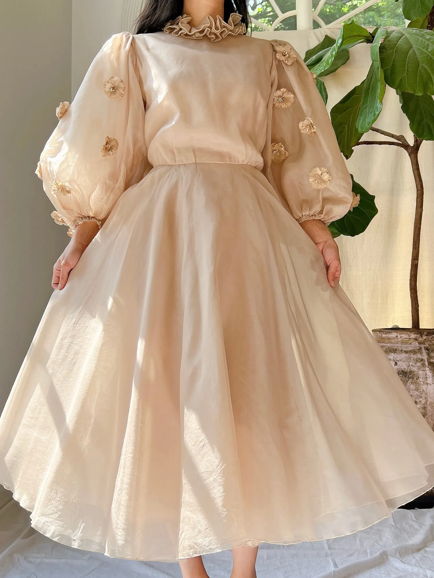 Rare 1960s Silk Organza Balloon Sleeves Dress - S/M