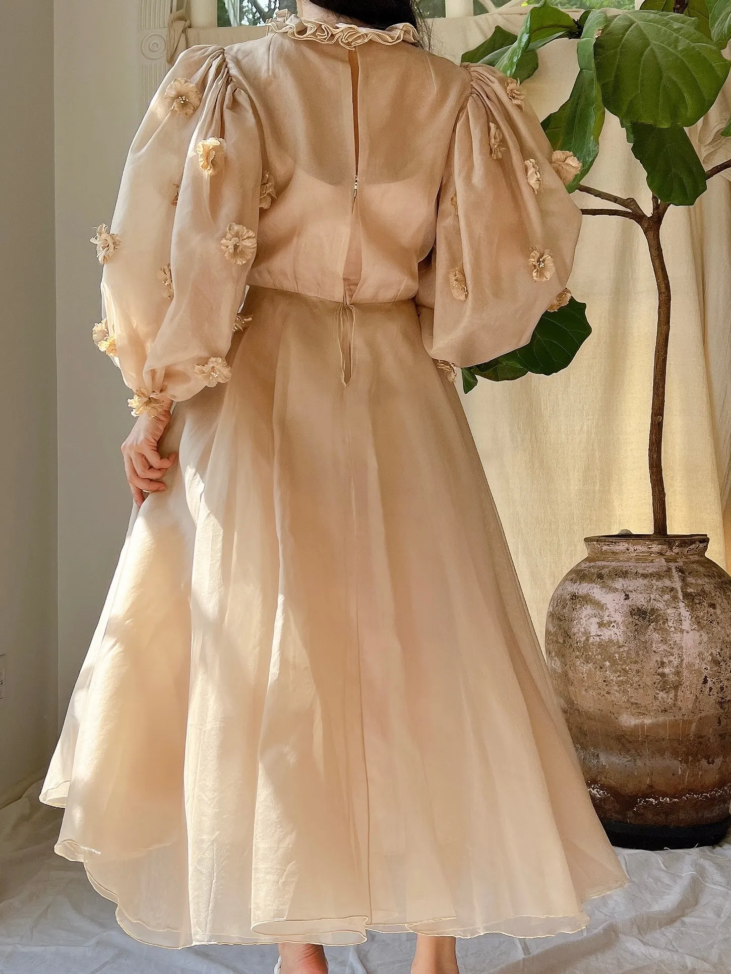 Rare 1960s Silk Organza Balloon Sleeves Dress - S/M