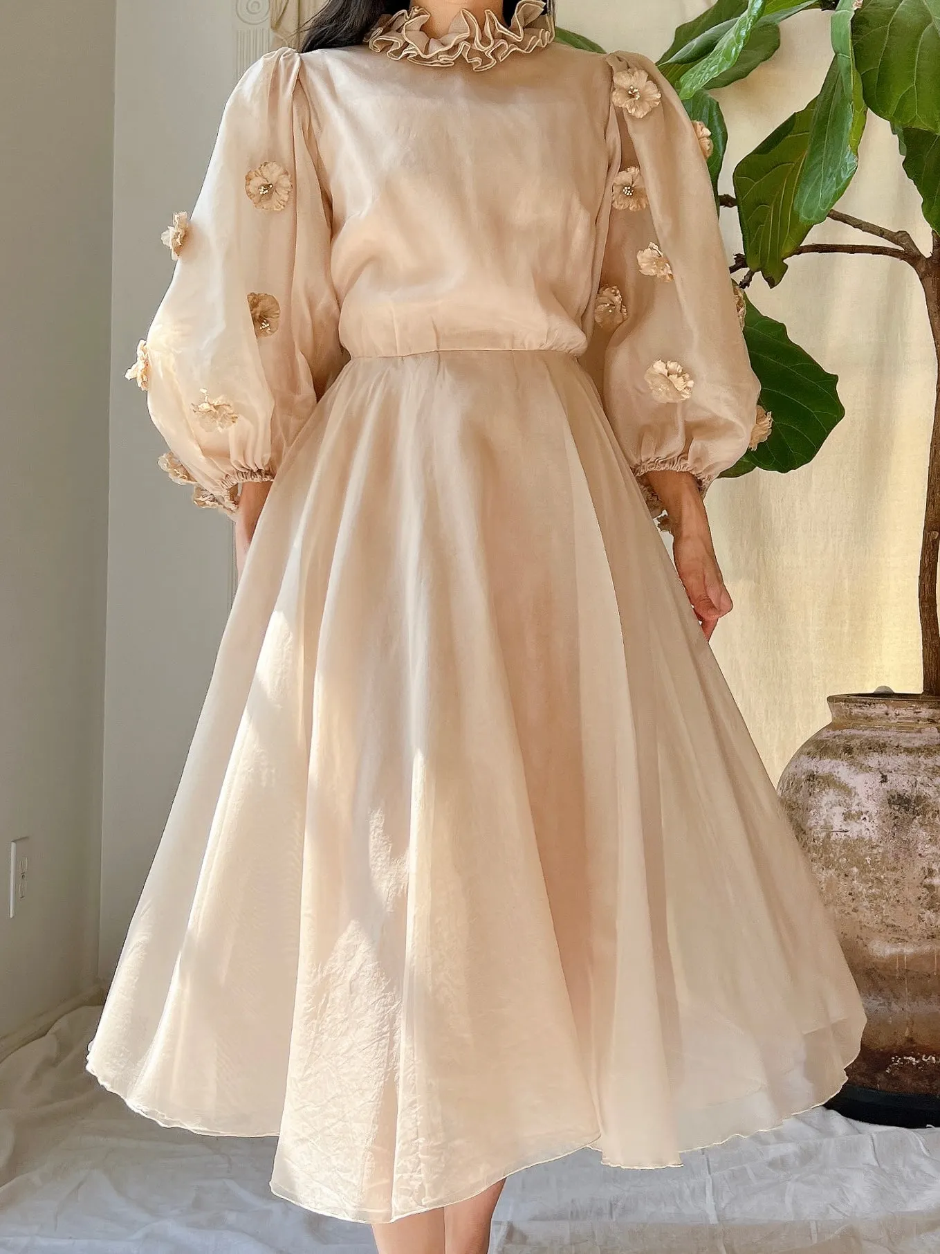 Rare 1960s Silk Organza Balloon Sleeves Dress - S/M