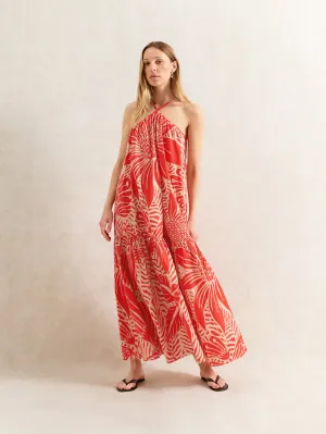 Red Floral Halter Neck Dress