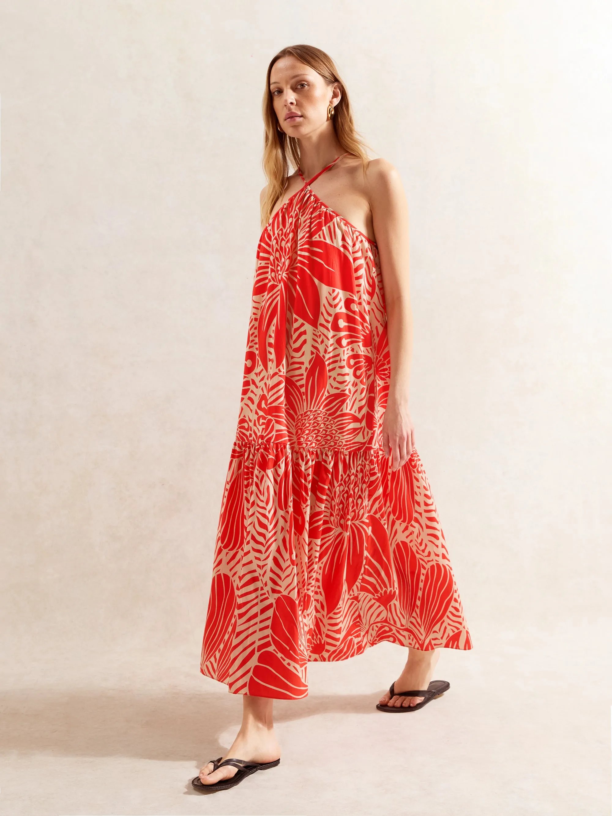 Red Floral Halter Neck Dress