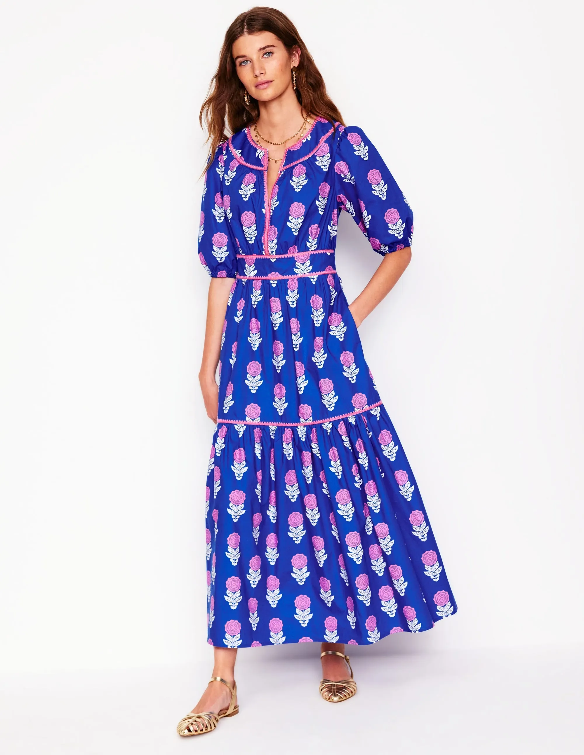 Rhea Embroidered Midi Dress-Gallery Blue. Dahlia Sprig