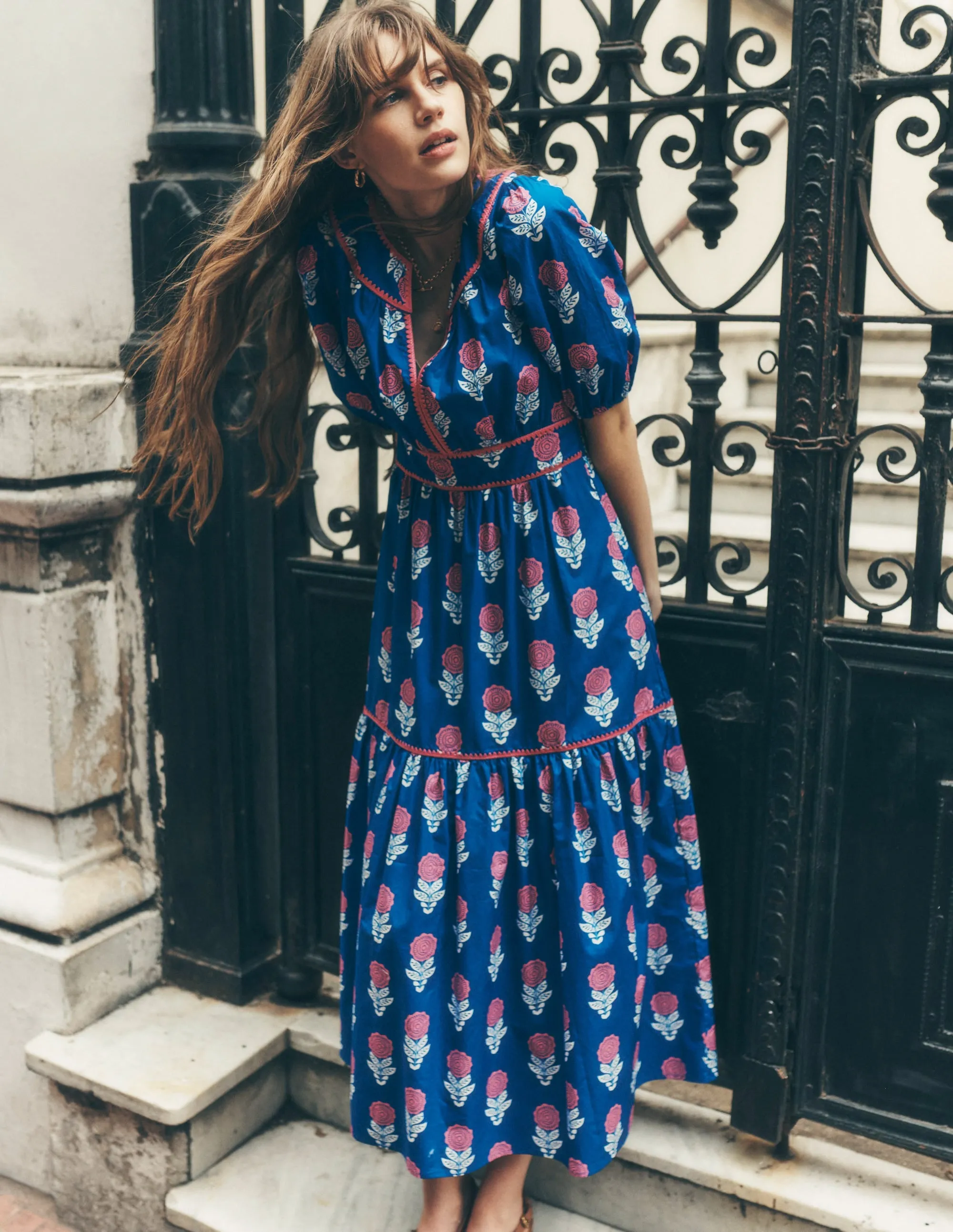 Rhea Embroidered Midi Dress-Gallery Blue. Dahlia Sprig