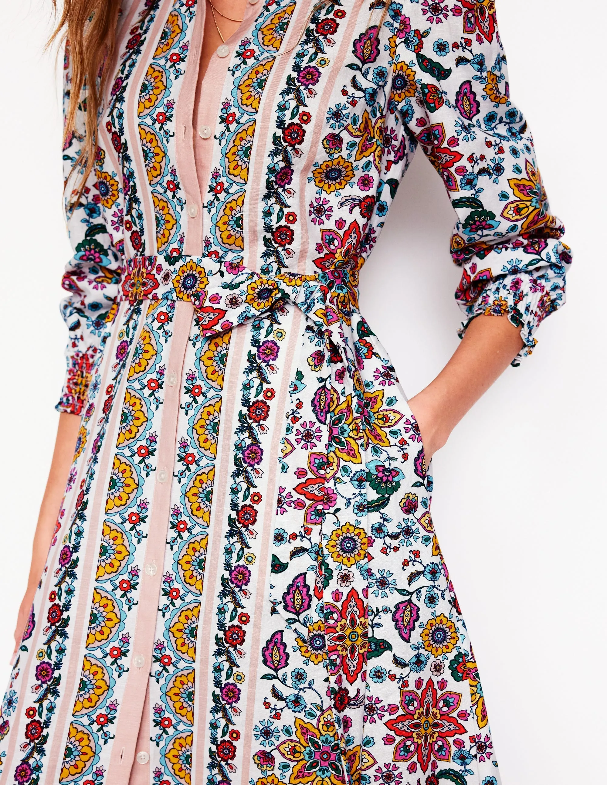 Ruby Linen Blend Shirt Dress-Ivory. Botanical Sprig