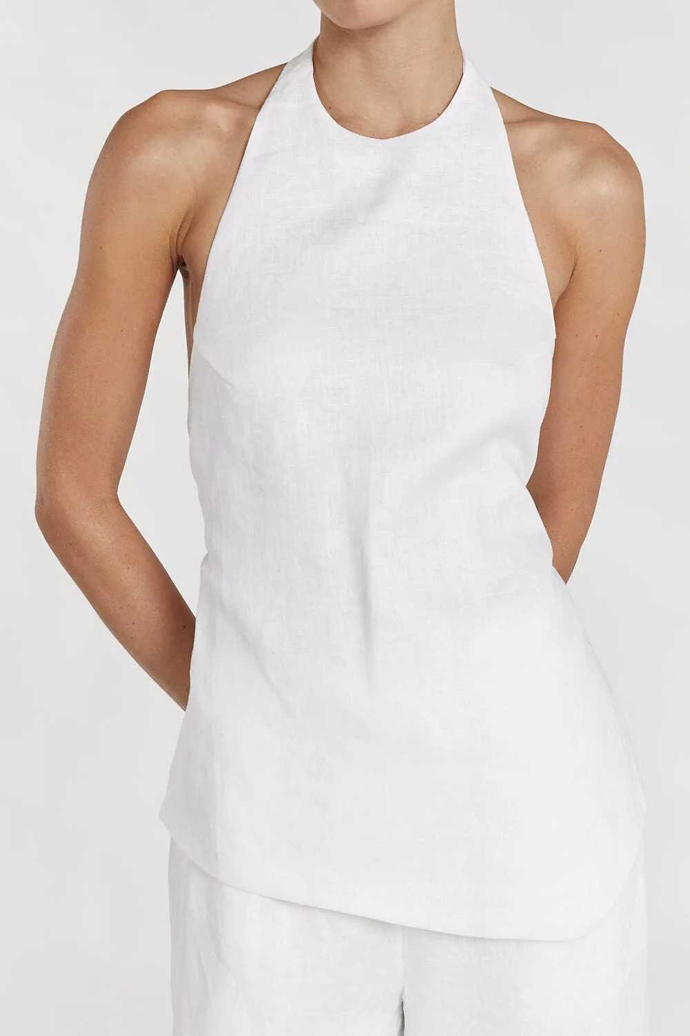 SERENA WHITE LINEN ASYM HALTER TOP