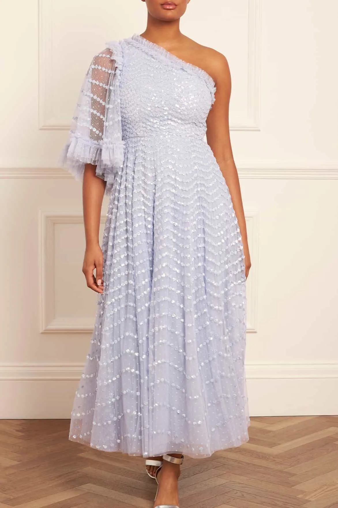 Shimmer Wave Gloss One-Shoulder Ankle Gown