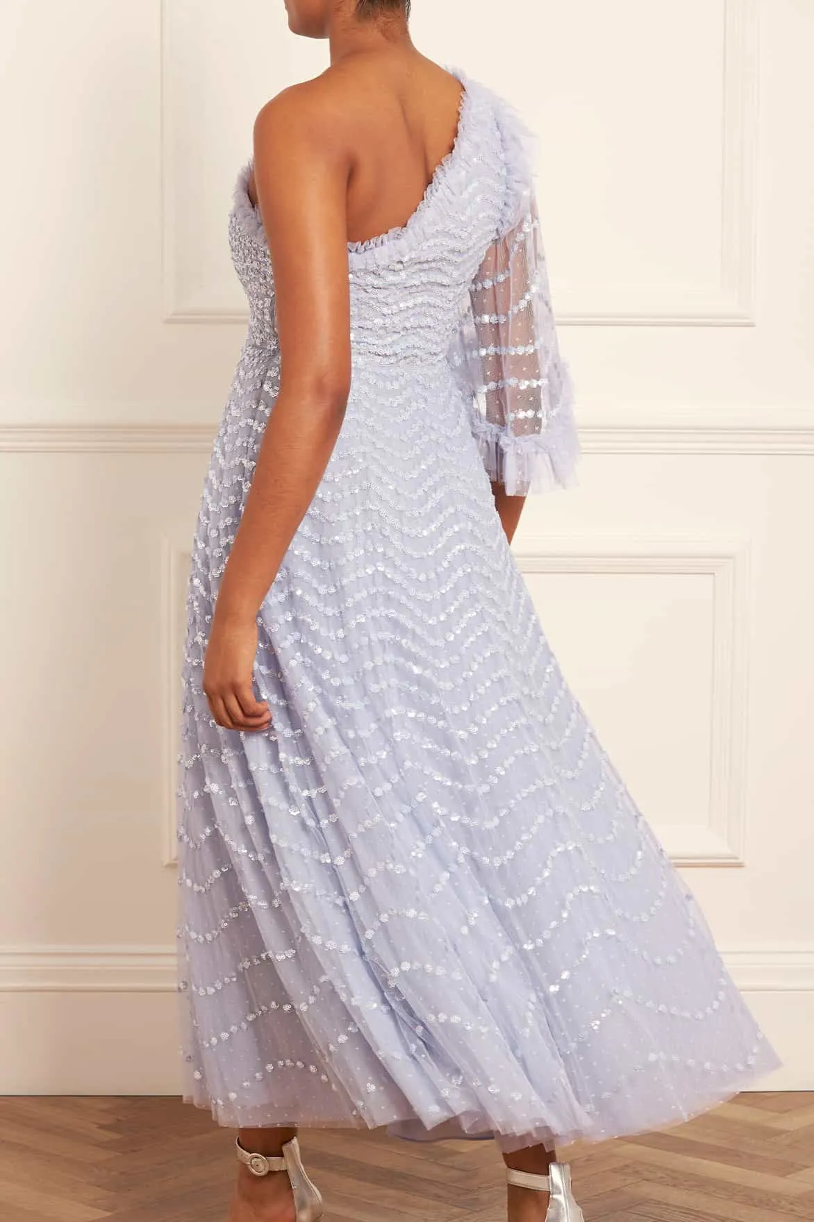 Shimmer Wave Gloss One-Shoulder Ankle Gown