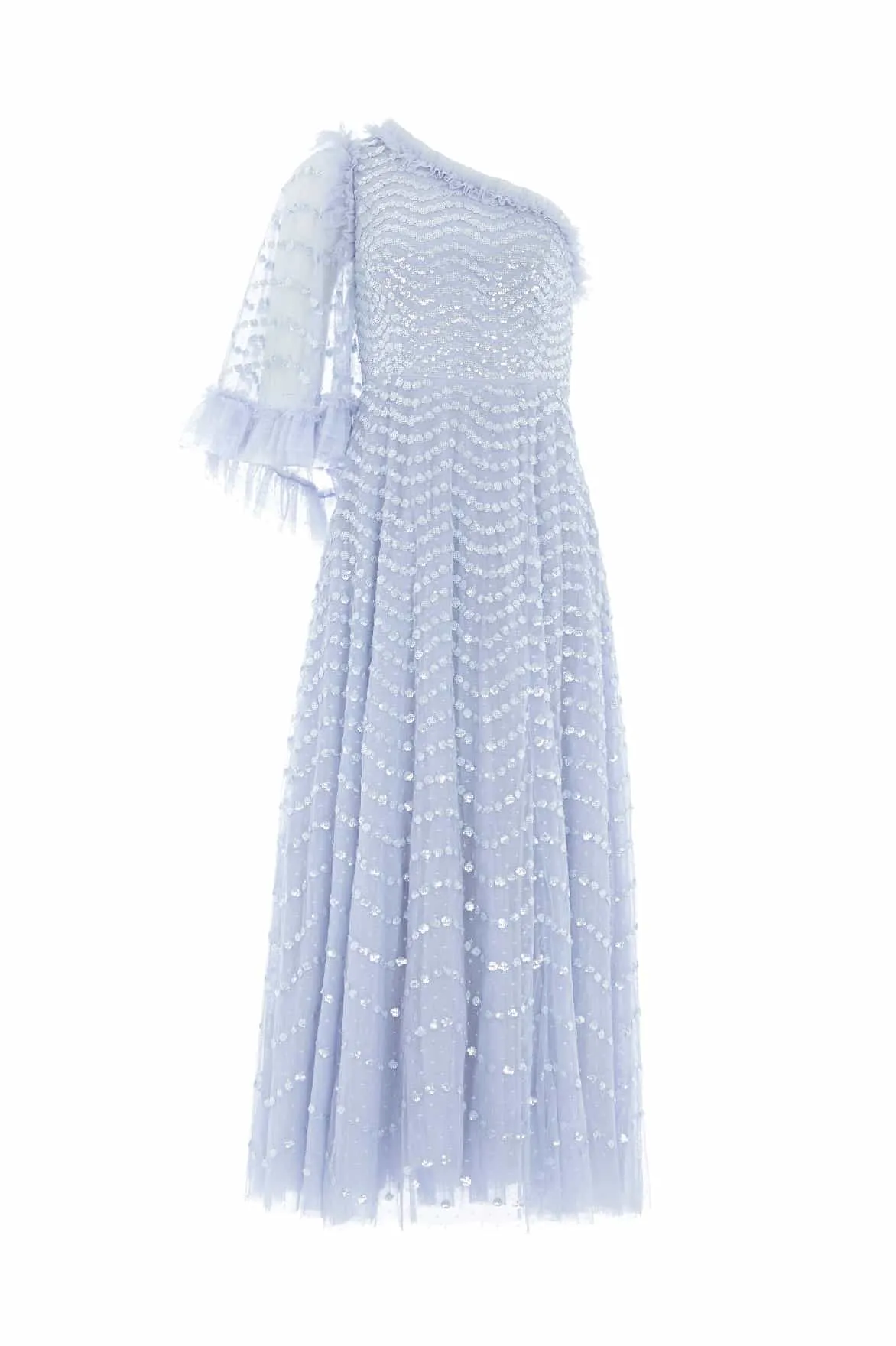Shimmer Wave Gloss One-Shoulder Ankle Gown