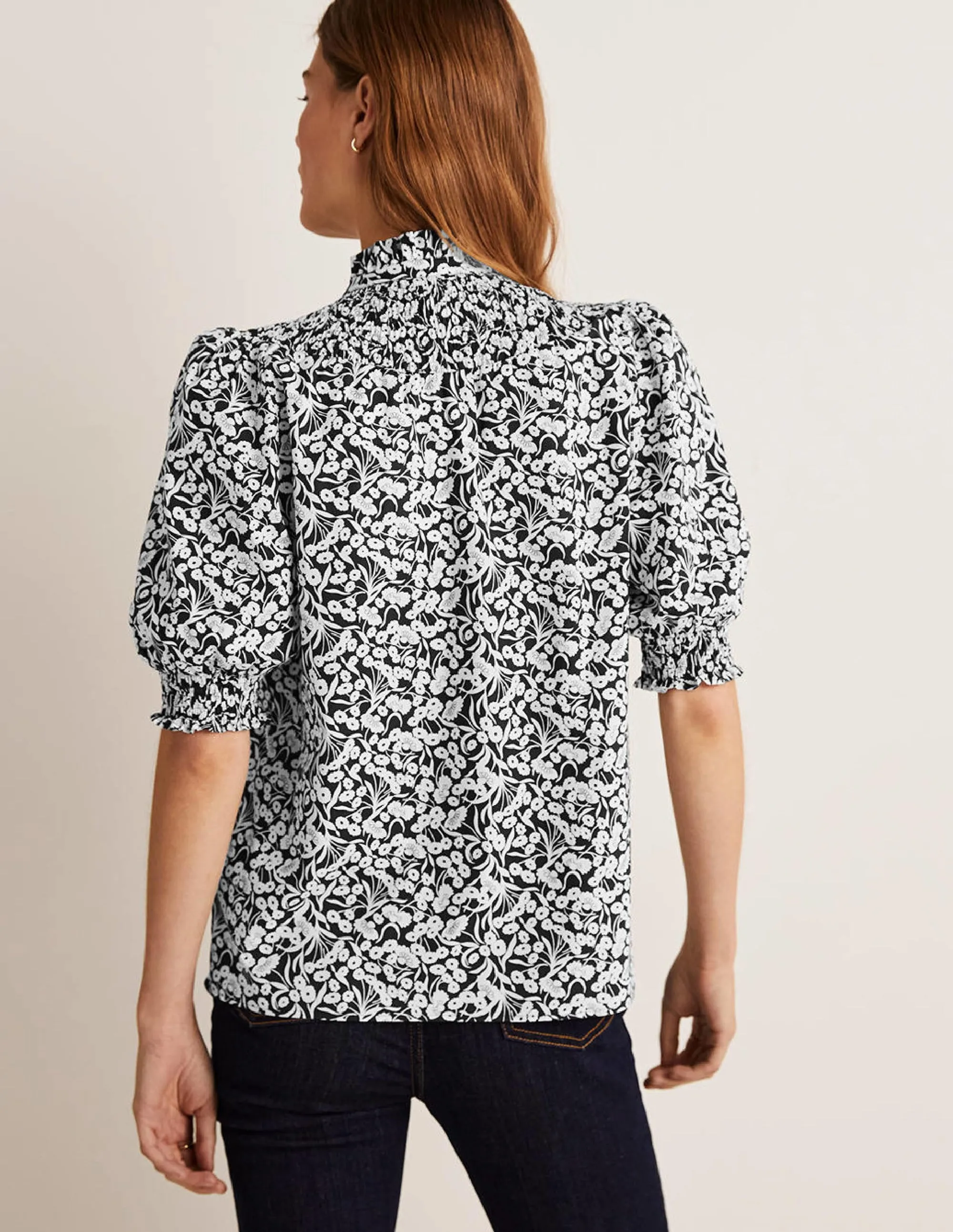 Short Sleeve Smocked Shirt-Black. Floret Bud
