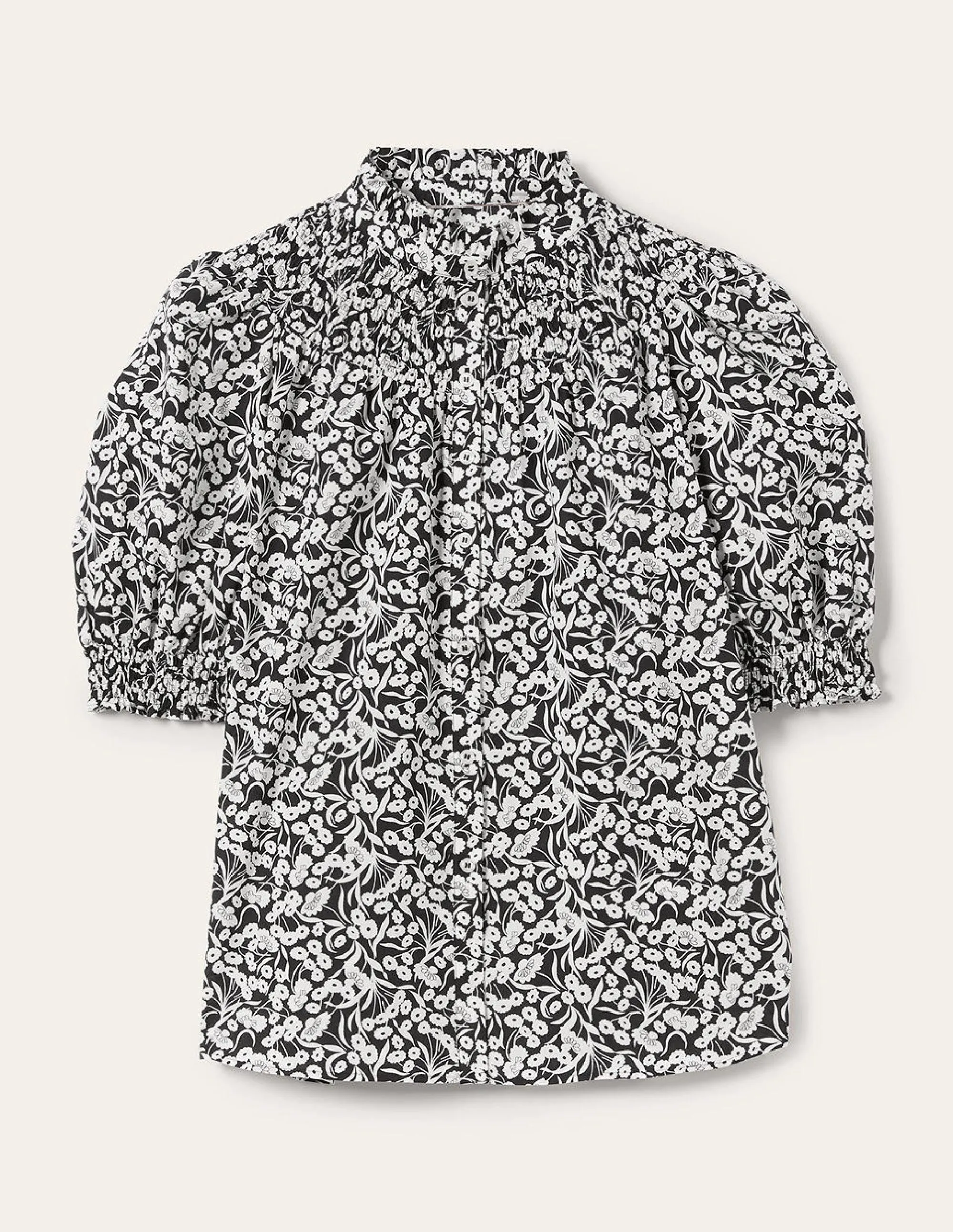 Short Sleeve Smocked Shirt-Black. Floret Bud