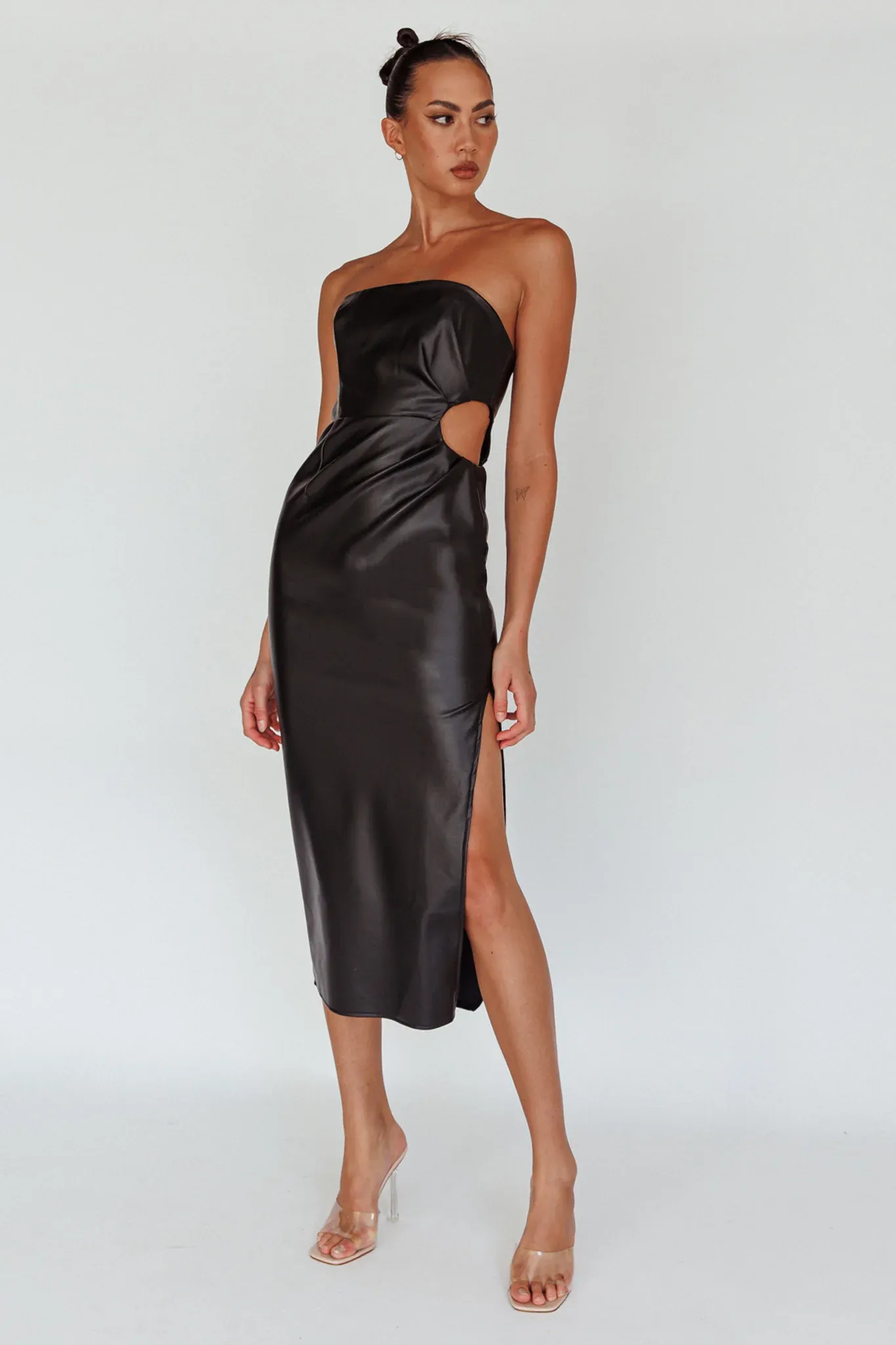 Taking Bets Strapless Midi Dress Leather Black