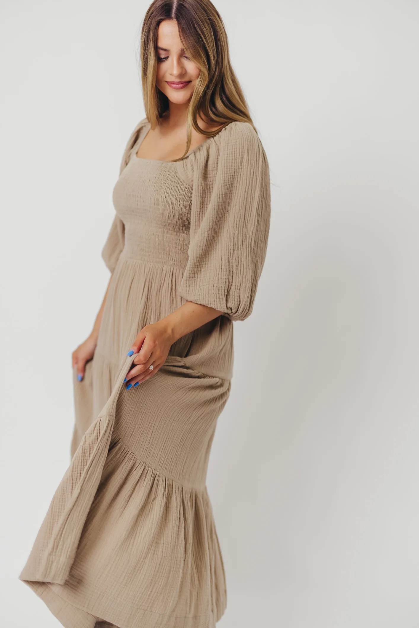 Taylor Cotton Smocked Midi Dress with Tiered Skirt in Pumice - Inclusive Sizing