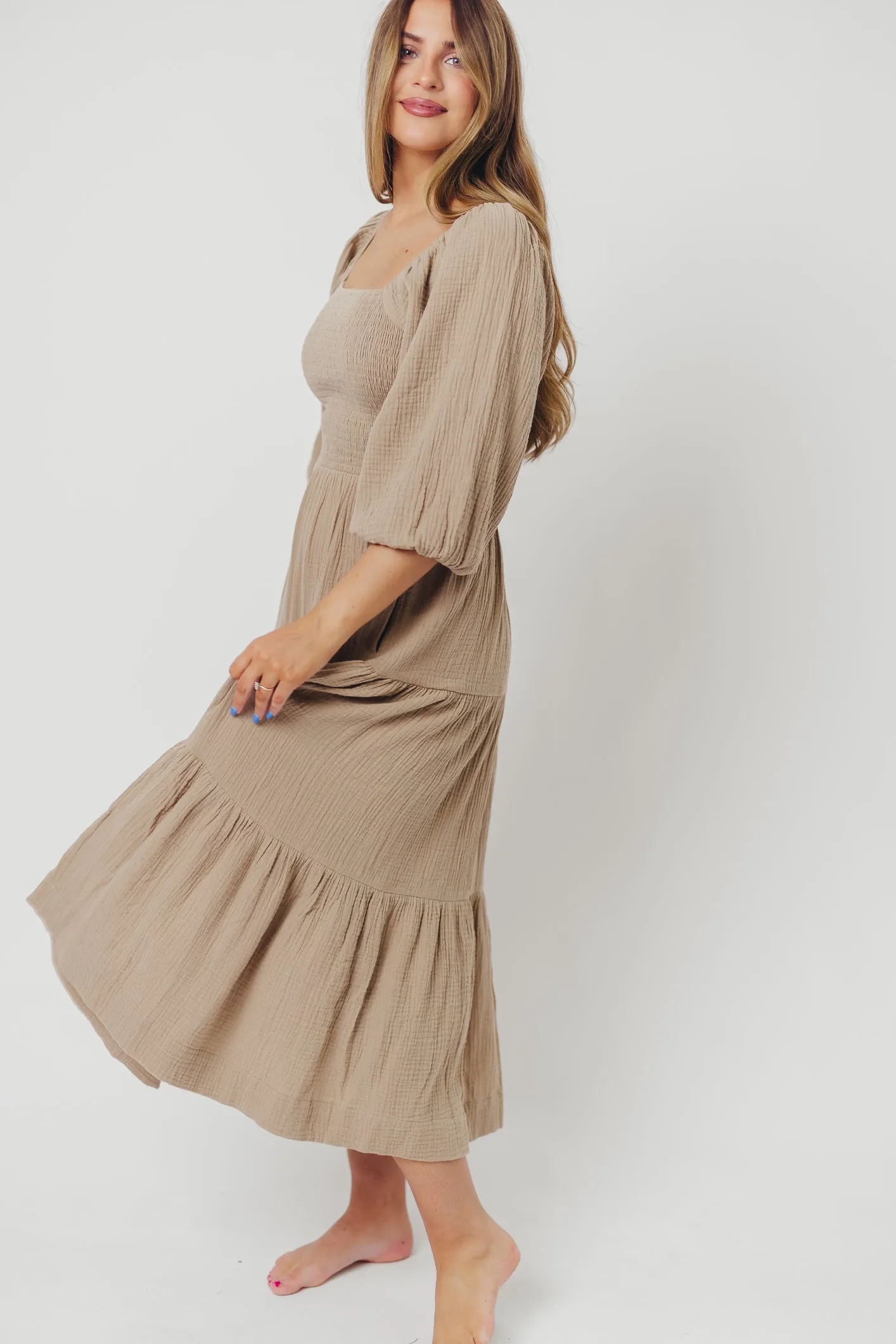 Taylor Cotton Smocked Midi Dress with Tiered Skirt in Pumice - Inclusive Sizing