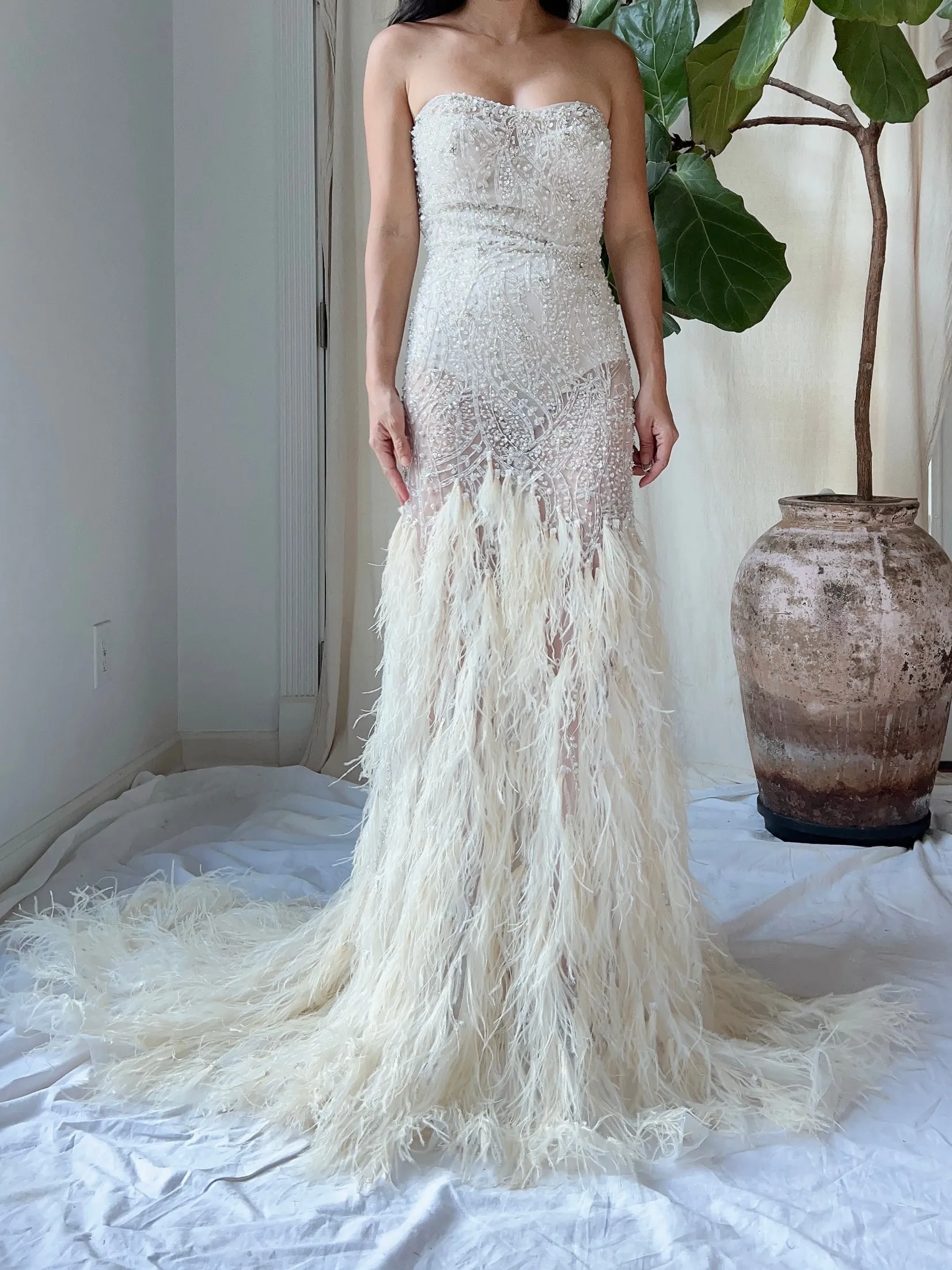 Vintage Beaded Feather Gown - M