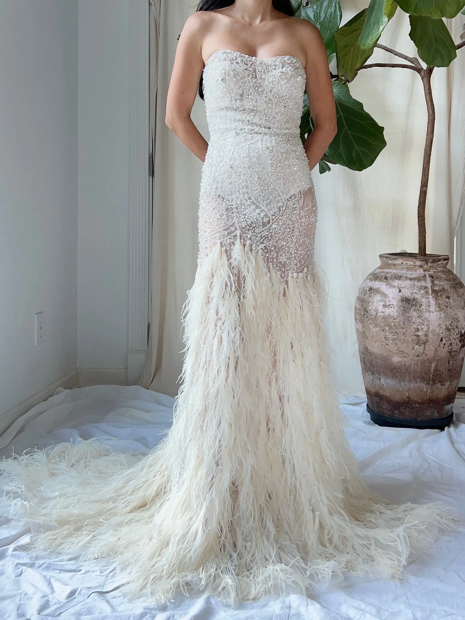 Vintage Beaded Feather Gown - M