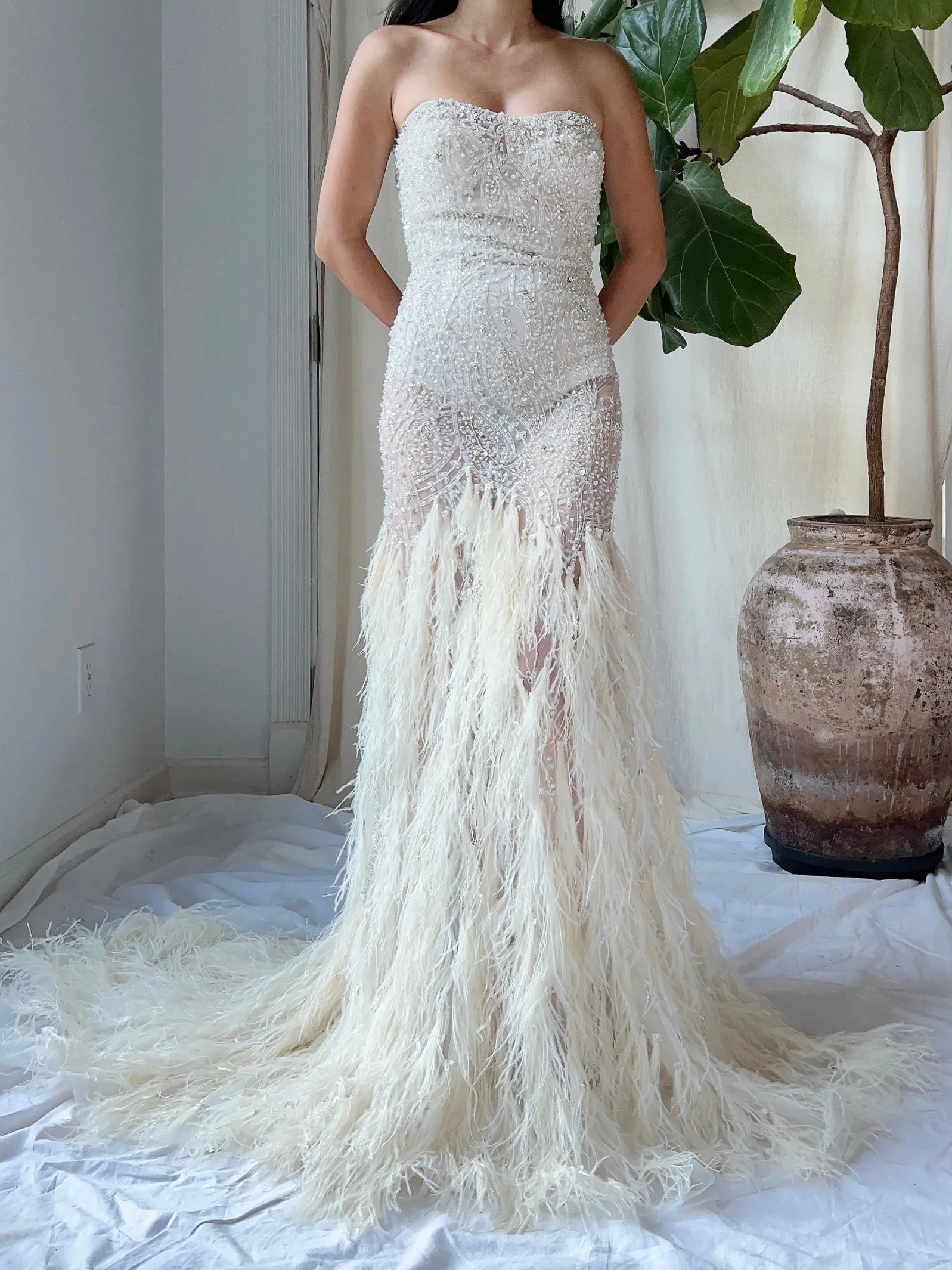 Vintage Beaded Feather Gown - M