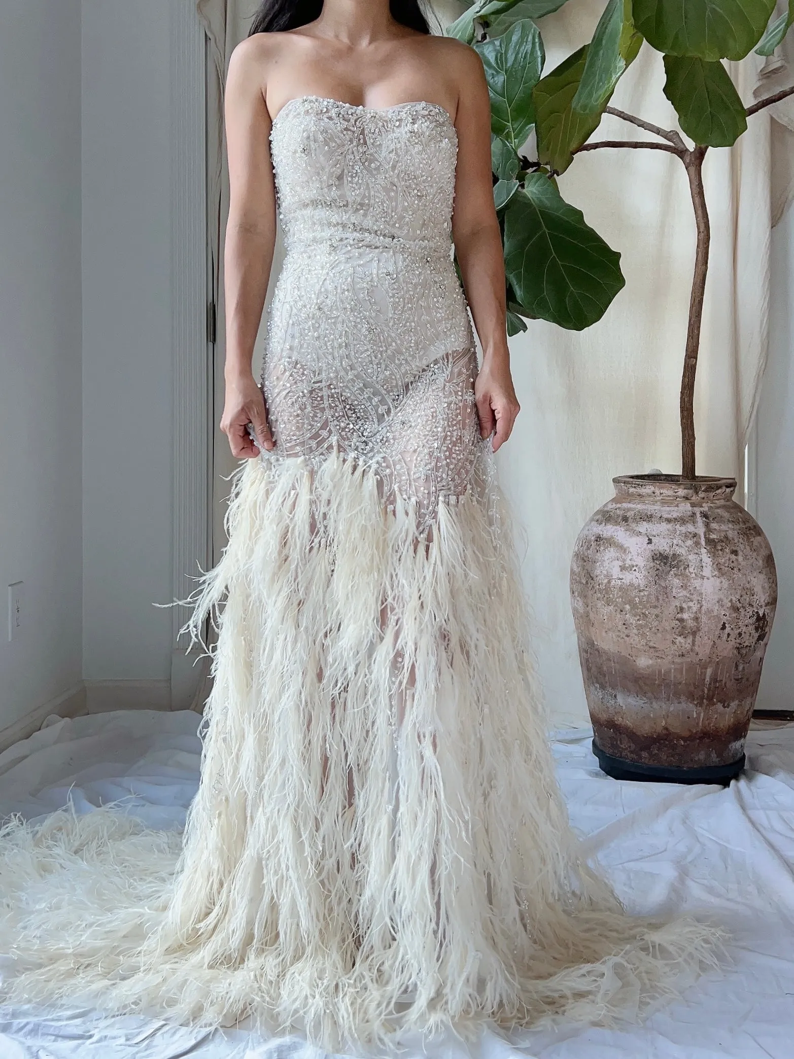 Vintage Beaded Feather Gown - M