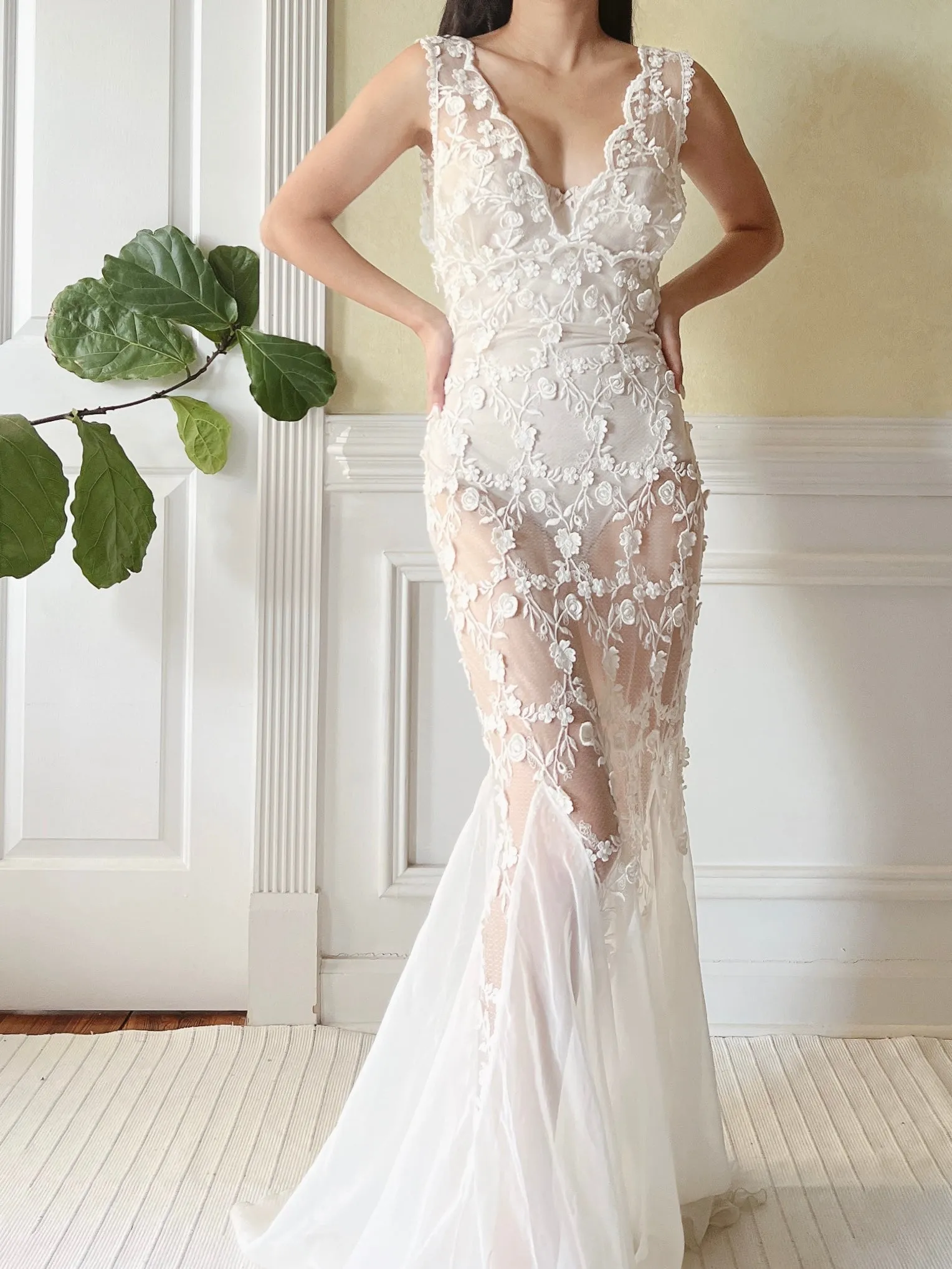 Vintage Floral Applique Sheer Illusion Dress - S/M