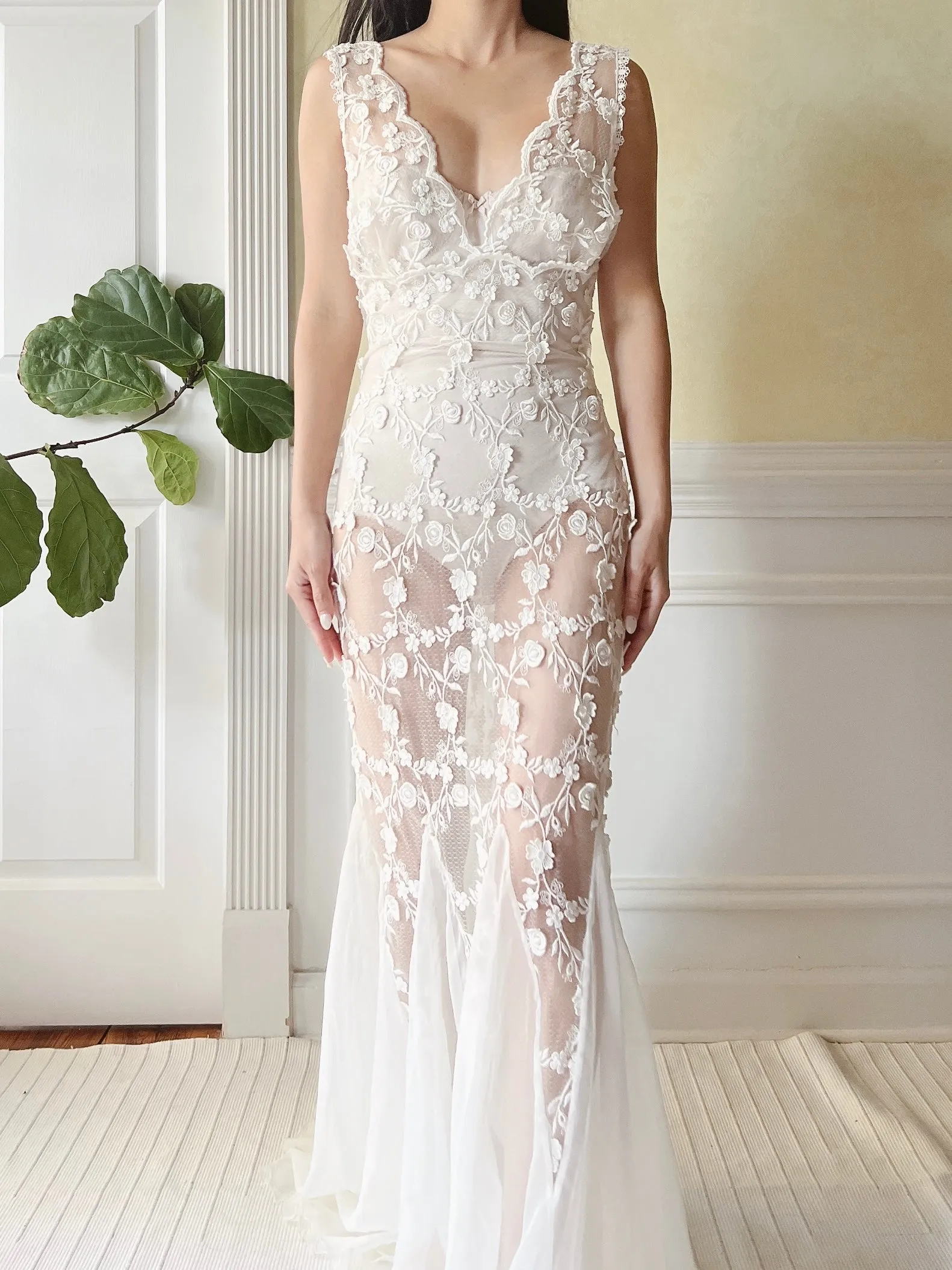 Vintage Floral Applique Sheer Illusion Dress - S/M