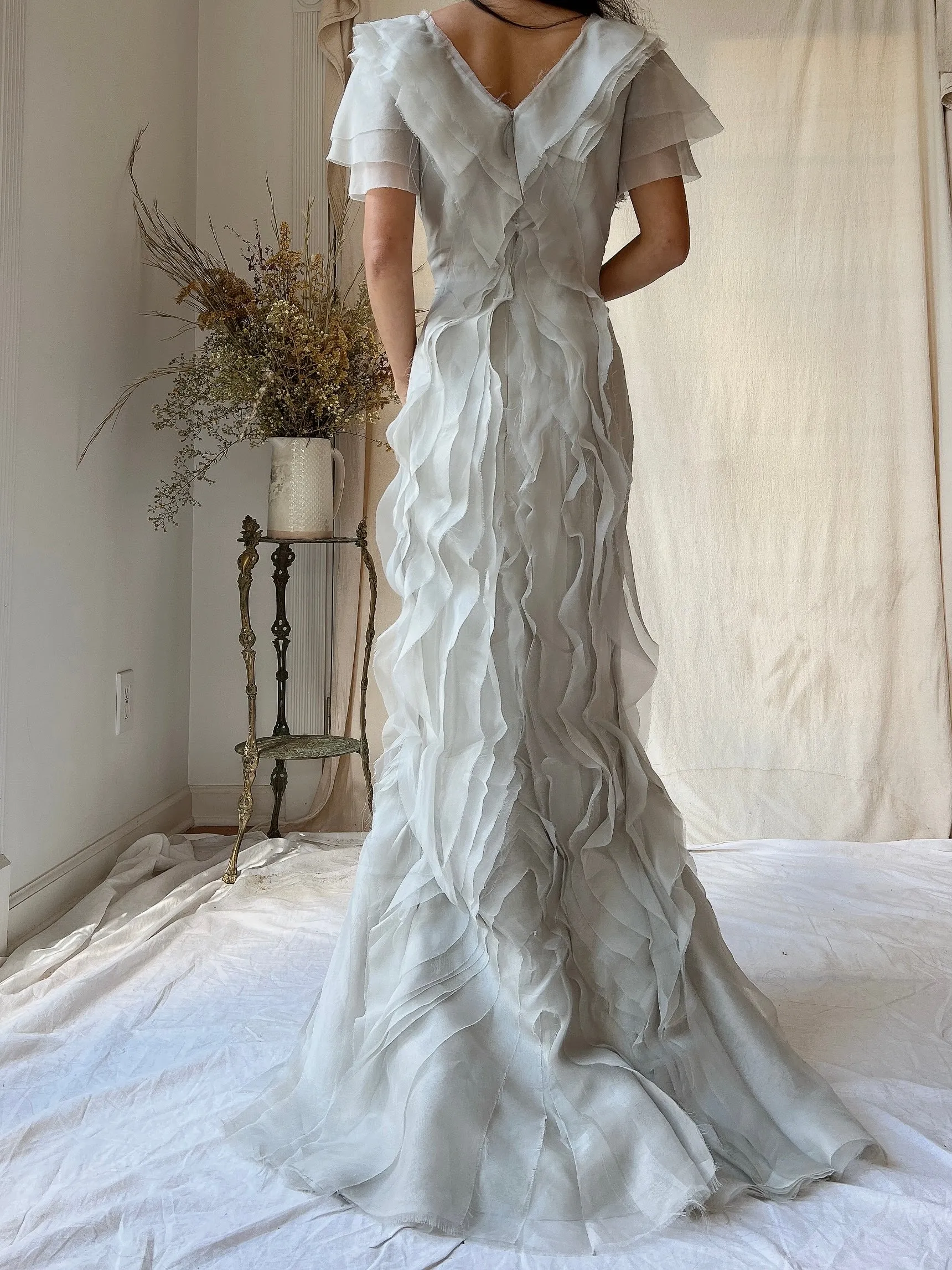 Vintage J. Mendel Smoke Gray Silk Organza Ruffle Gown - M/L 8/10