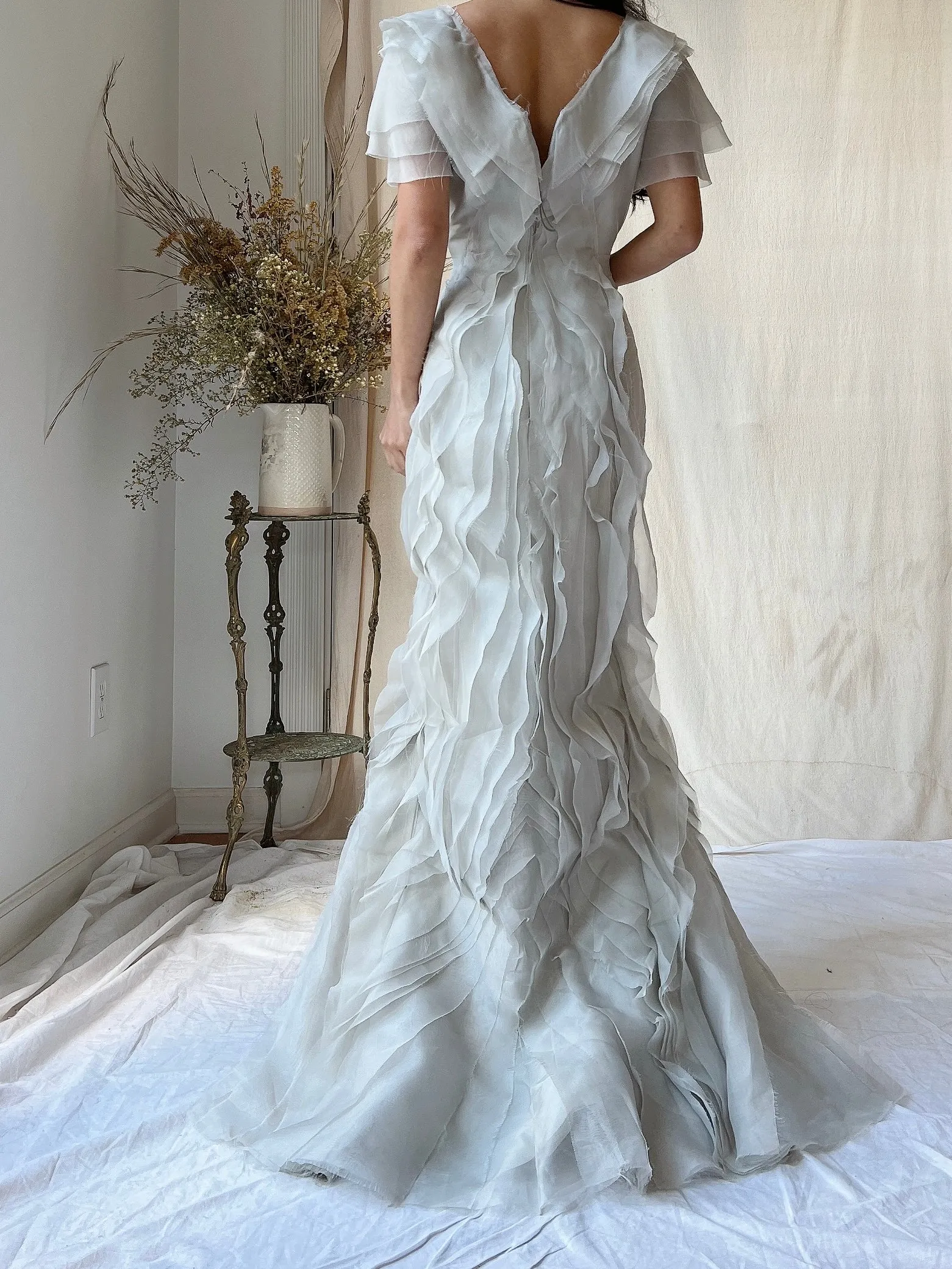 Vintage J. Mendel Smoke Gray Silk Organza Ruffle Gown - M/L 8/10