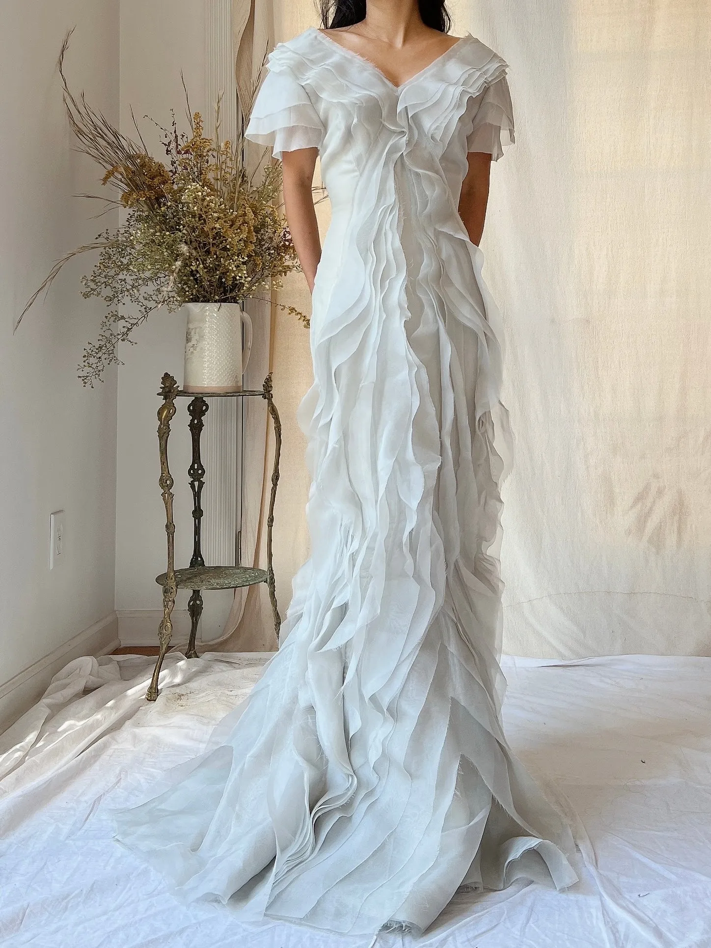 Vintage J. Mendel Smoke Gray Silk Organza Ruffle Gown - M/L 8/10