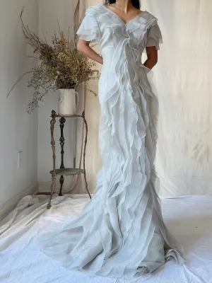 Vintage J. Mendel Smoke Gray Silk Organza Ruffle Gown - M/L 8/10