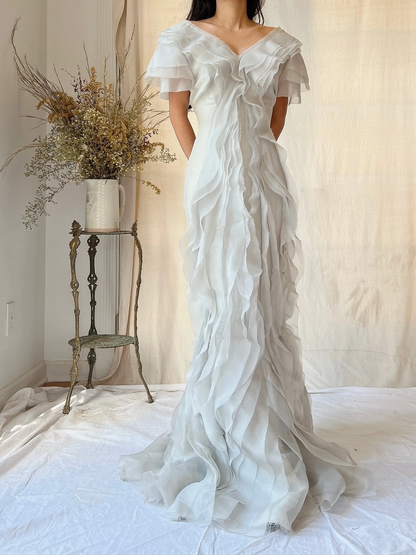 Vintage J. Mendel Smoke Gray Silk Organza Ruffle Gown - M/L 8/10