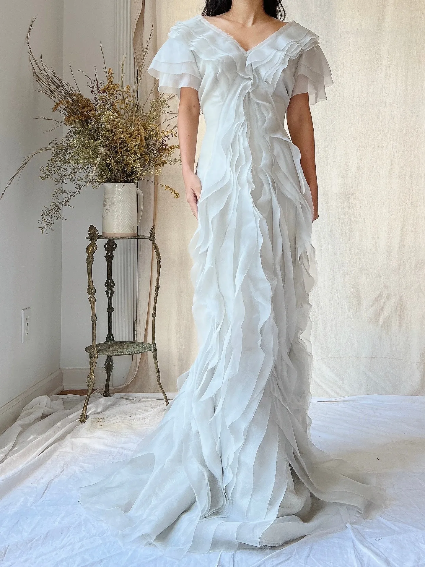 Vintage J. Mendel Smoke Gray Silk Organza Ruffle Gown - M/L 8/10